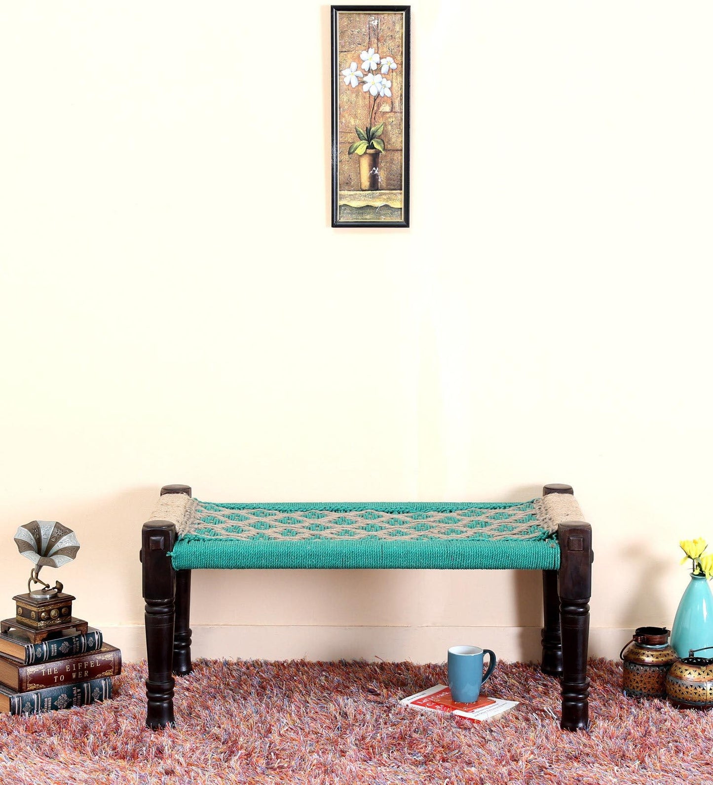 APRODZ Wooden Bench | Colorful Bench for Seating | Sheesham Wood | Cotton Rope | Sitting Bench for Balcony - Home - Garden | Charpai (CRF-2, Medium)
