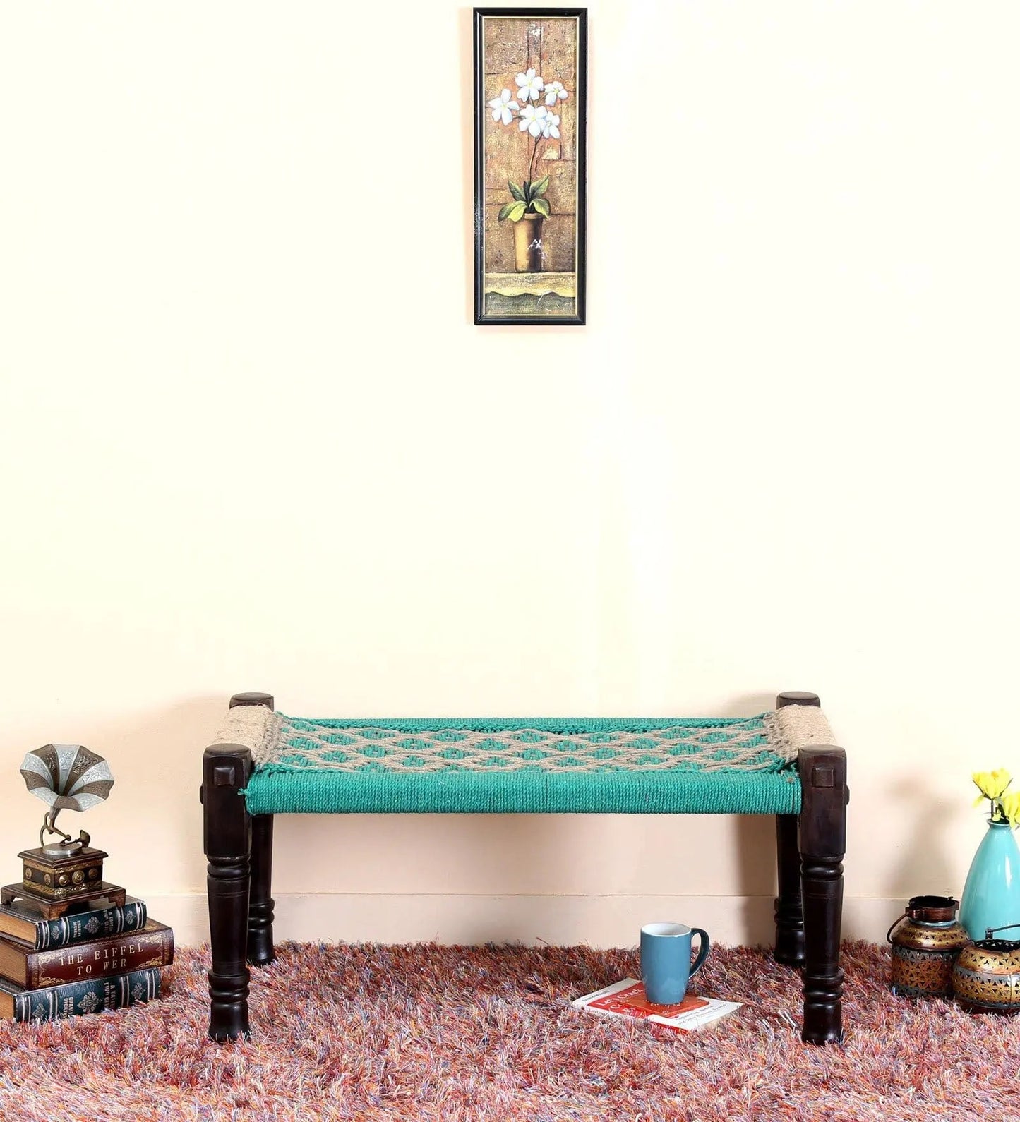 Wooden Bench | Colorful Bench for Seating | Sheesham Wood | Cotton Rope | Sitting Bench for Balcony - Home - Garden | Charpai (CRF-2, Medium)