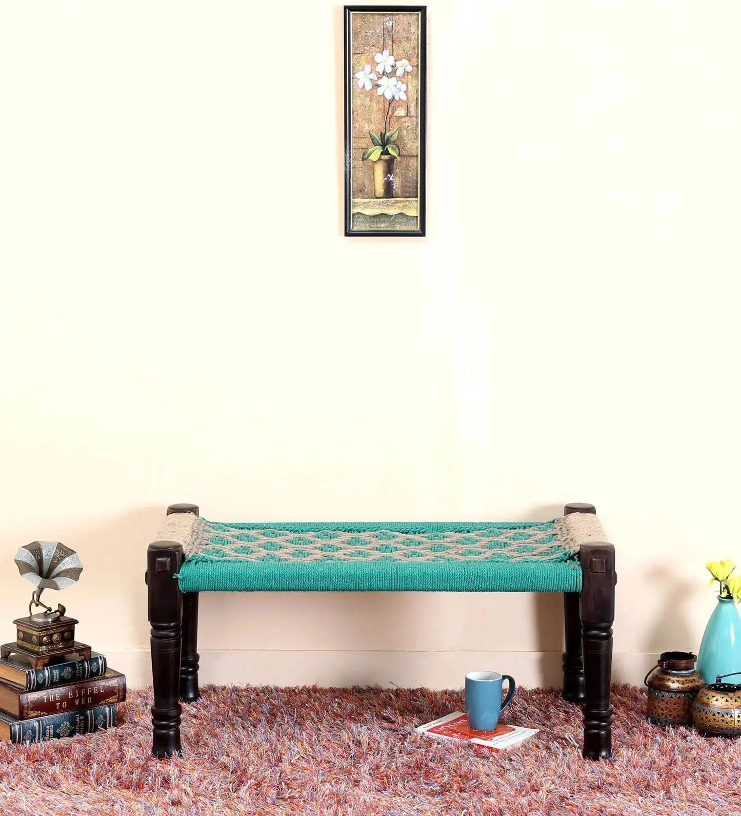 Wooden Bench | Colorful Bench for Seating | Sheesham Wood | Cotton Rope | Sitting Bench for Balcony - Home - Garden | Charpai (CRF-2, Medium)