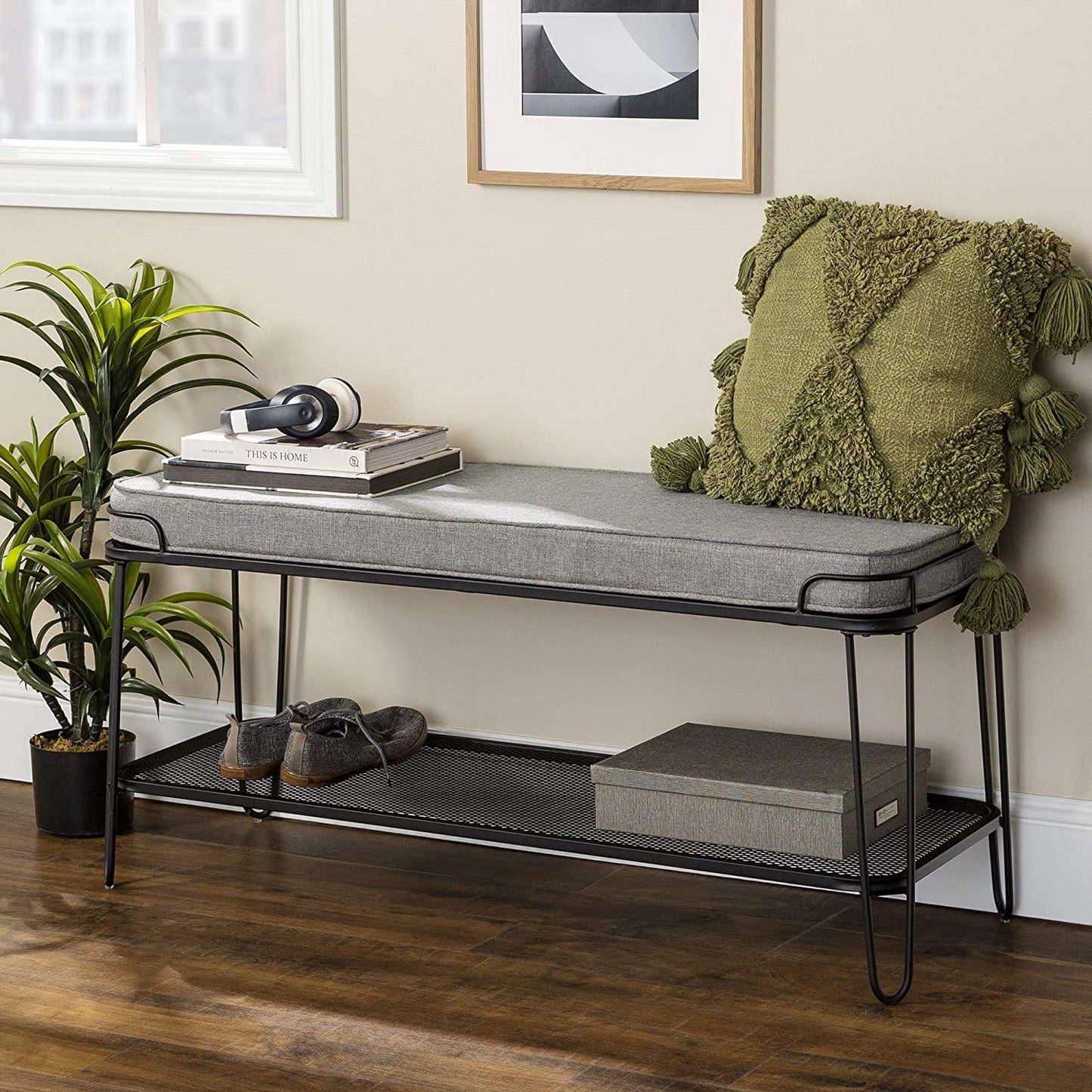 Metal and Upholstered Bench with Cushion Shoe Storage Shelf (Metal - Grey Fabric)