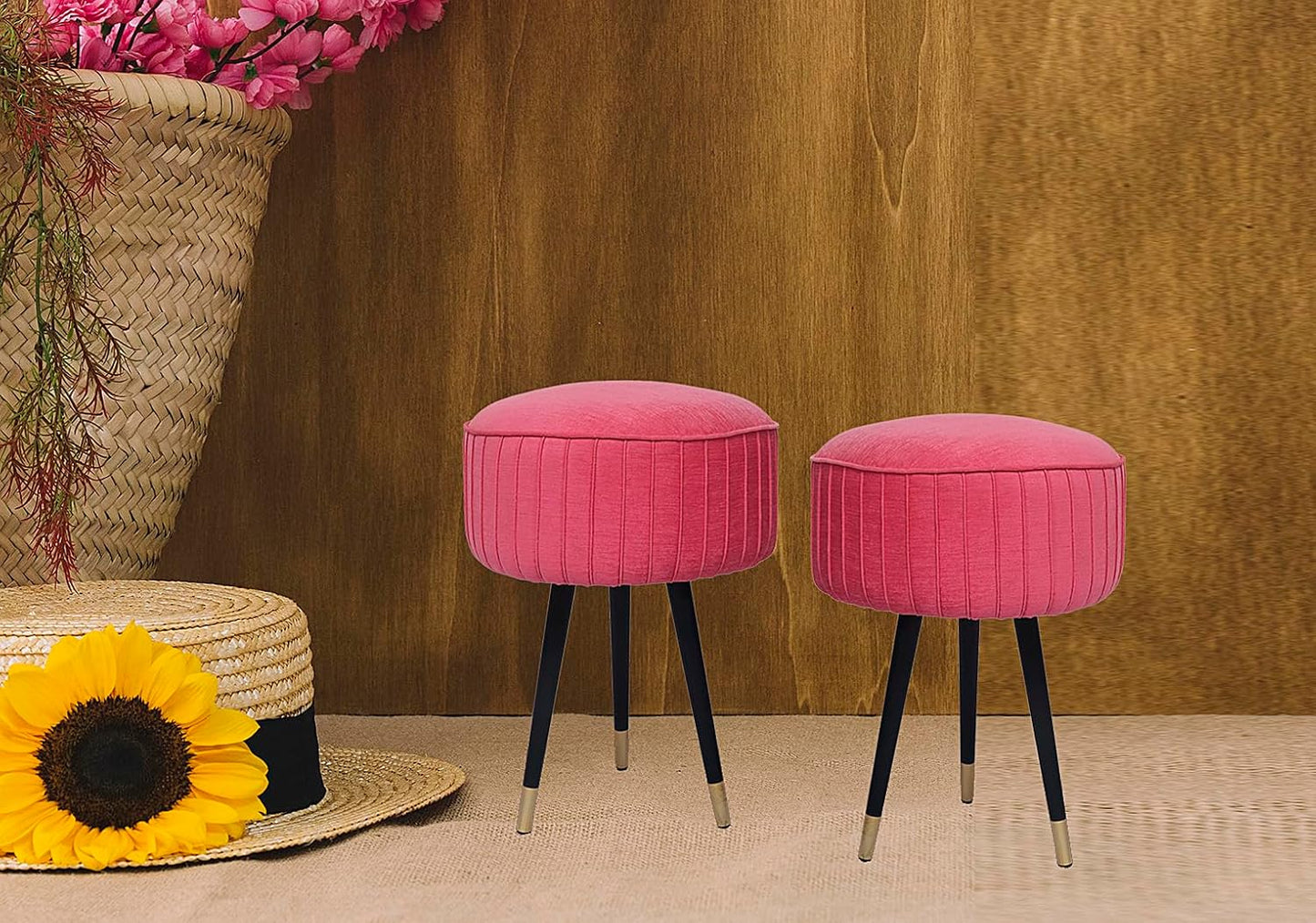 Upholstered and Steel Frame Puffy Stool Grass Green Fabric + Black Powdercoated - Set of 2