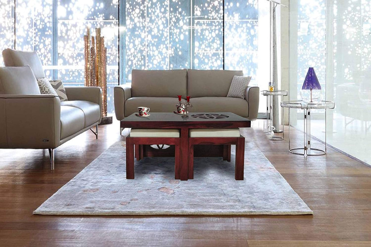 Sheesham Wood Nicola Stylish Coffee Table with 2 Stools for Living Room | Center Table for Home | Brown Finish