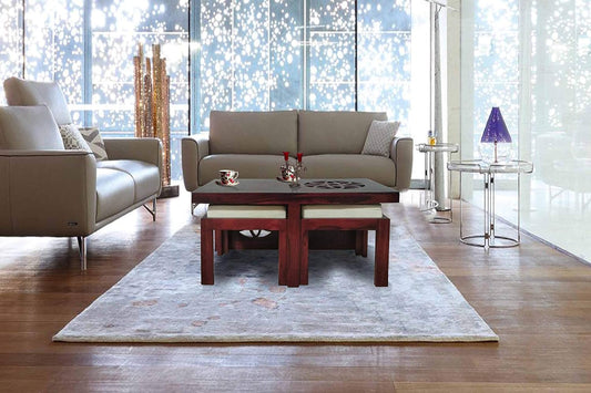 Sheesham Wood Nicola Stylish Coffee Table with 2 Stools for Living Room | Center Table for Home | Brown Finish