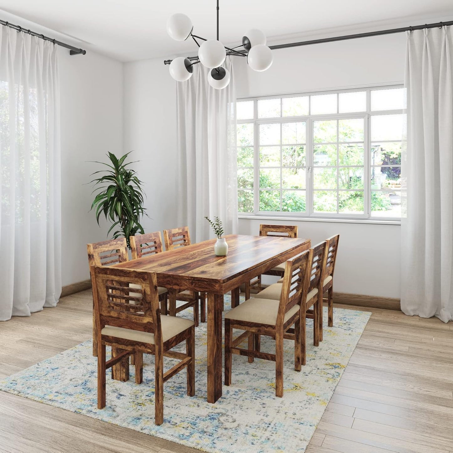 Solimo Sheesham Wood Mende 8 Seater Dining Table Set with Cushioned Chairs Wooden Dining Room Furniure with Stools for Living Room (Natural Finish)