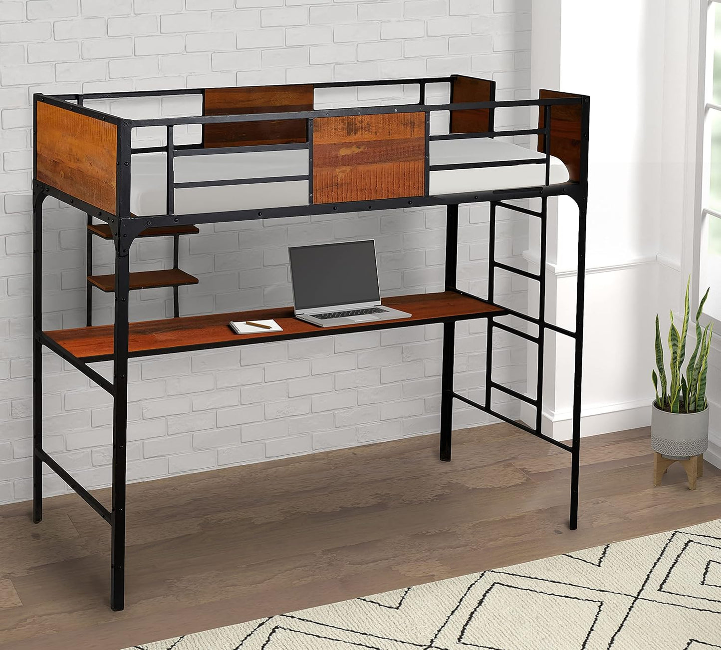 APRODZ Ellison Twin Size Bunk Bed with Work Station (Wood + Metal - Light Walnut and Black)