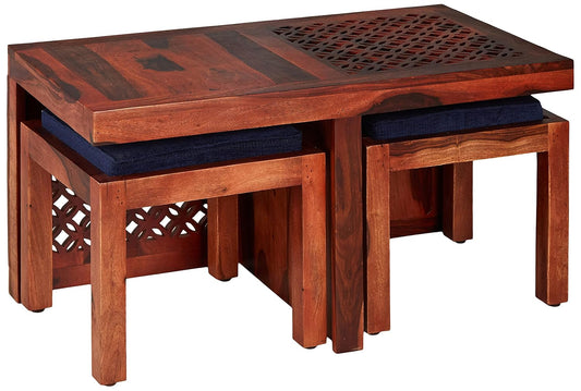 Sheesham Wood Jose Stylish Coffee Table with 2 Stools for Living Room Center Teapoy Table for Home | Brown Finish