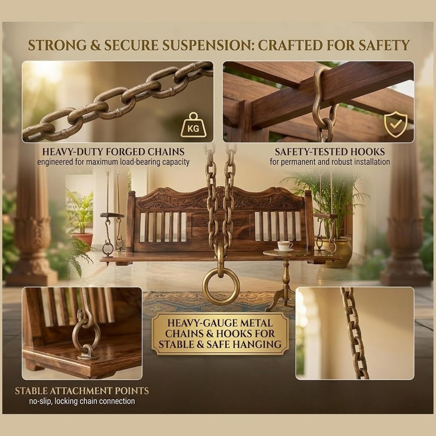 Wooden Jhula for Adults for Home Swing Jhula with Brass Chain and Carving for Indoor Outdoor & Balcony Traditional Hammock House Swings Jhula | House Backyard Swings for Adults (Honey Finish)