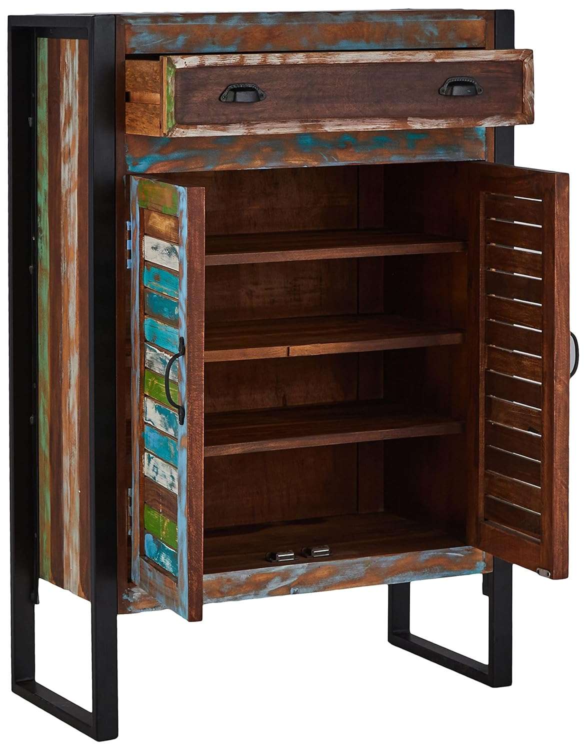 APRODZ Reclaimed Wood Mauri 2-Door Shoe Cabinet with Drawer Storage Shoe Rack Organiser for Home