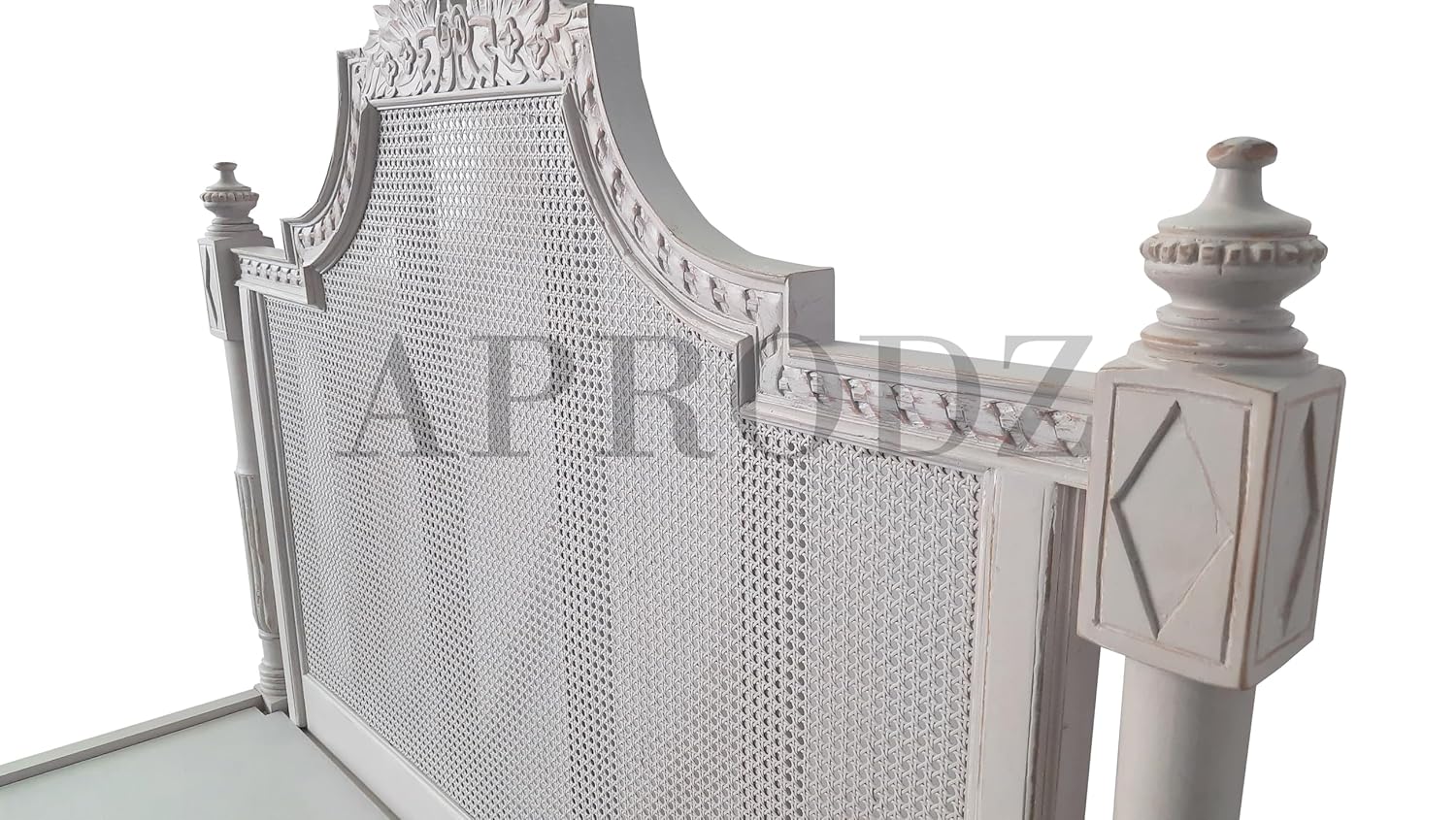APRODZ Hand-Carved French Cane Bed - Exquisite Artisan Design - Premium Mango Wood in Light Grey