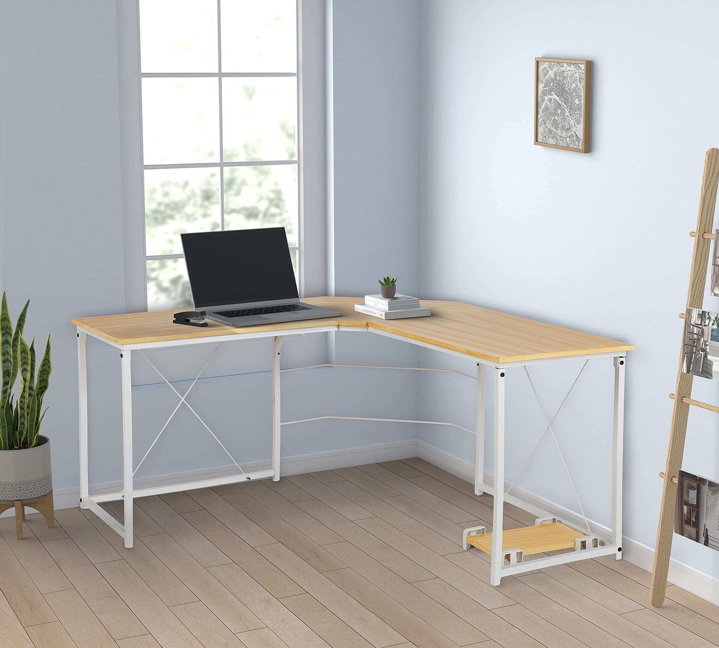 Aprodz Duane 59 x 59 inches Large L-Shaped Desk Computer Desk L Desk Office Desk Workstation Desk, Oak