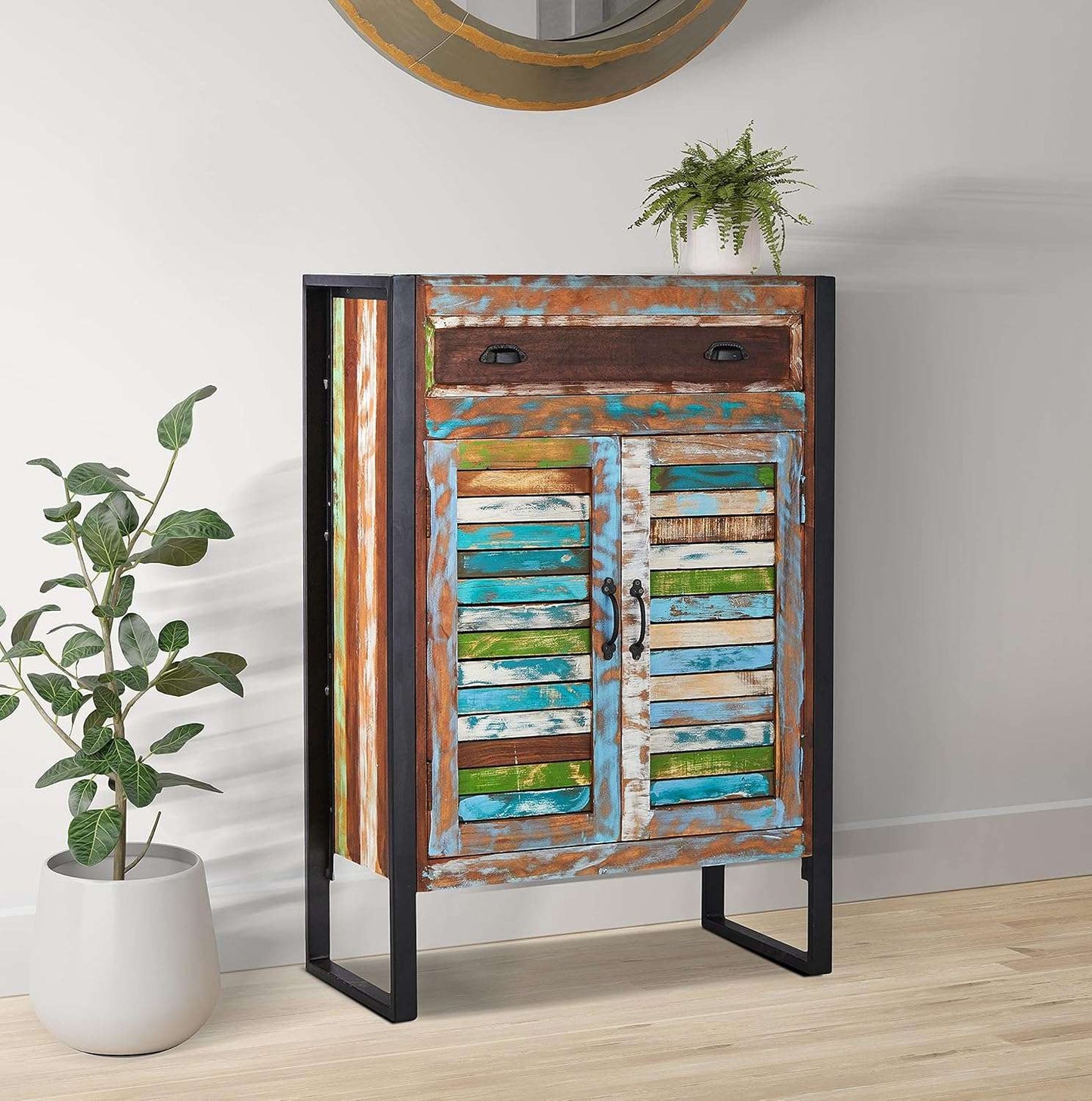APRODZ Reclaimed Wood Mauri 2-Door Shoe Cabinet with Drawer Storage Shoe Rack Organiser for Home