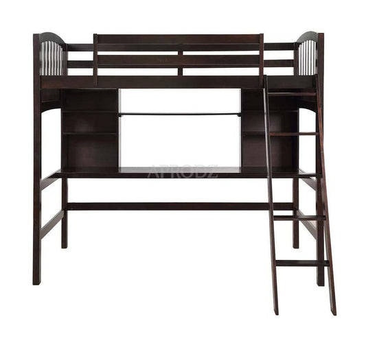 Espresso finish twin loft bunk bed with a desk and ladder, made of mango wood, with a contemporary style.