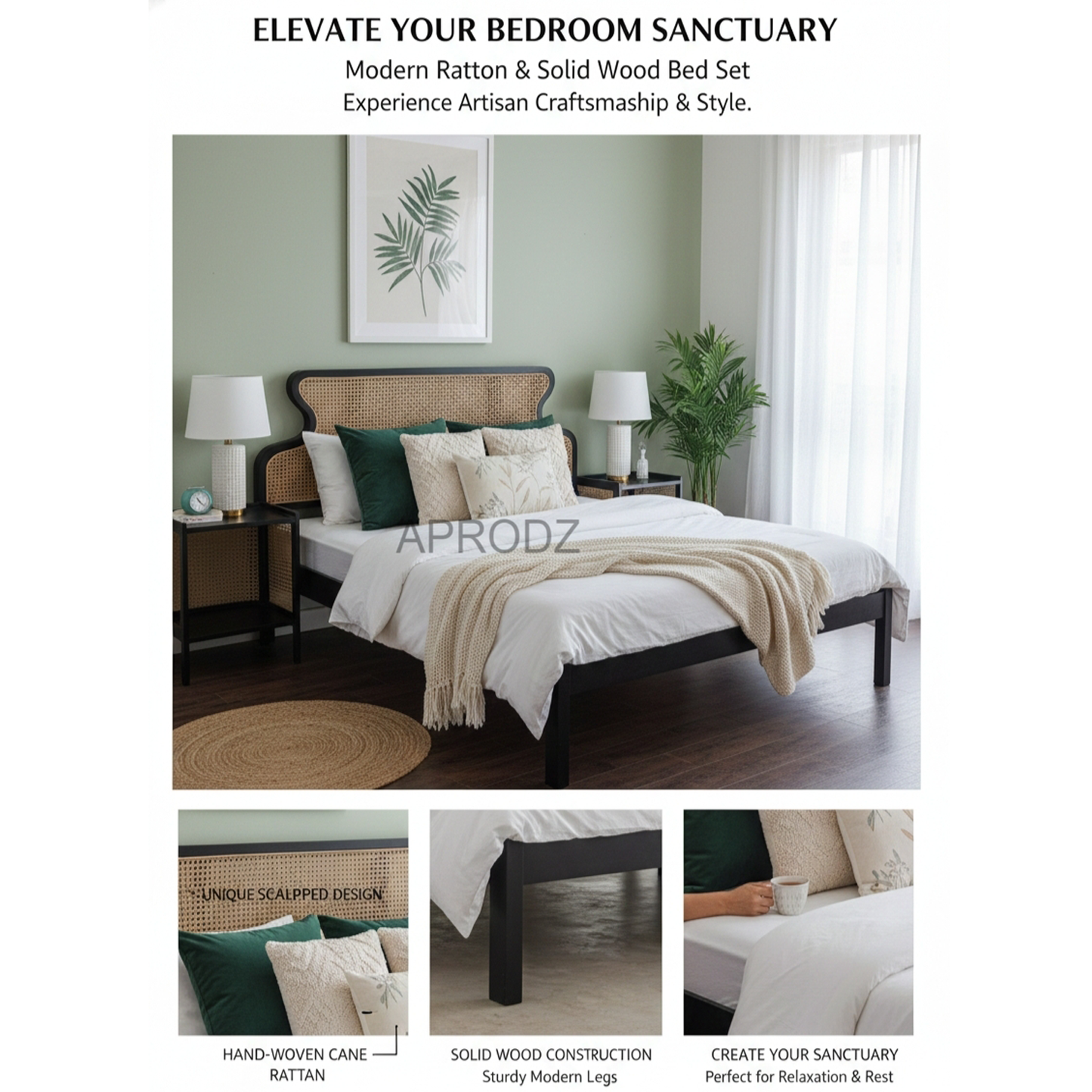 Rattan Cane Headboard Bed – King & Queen Size, cane bed