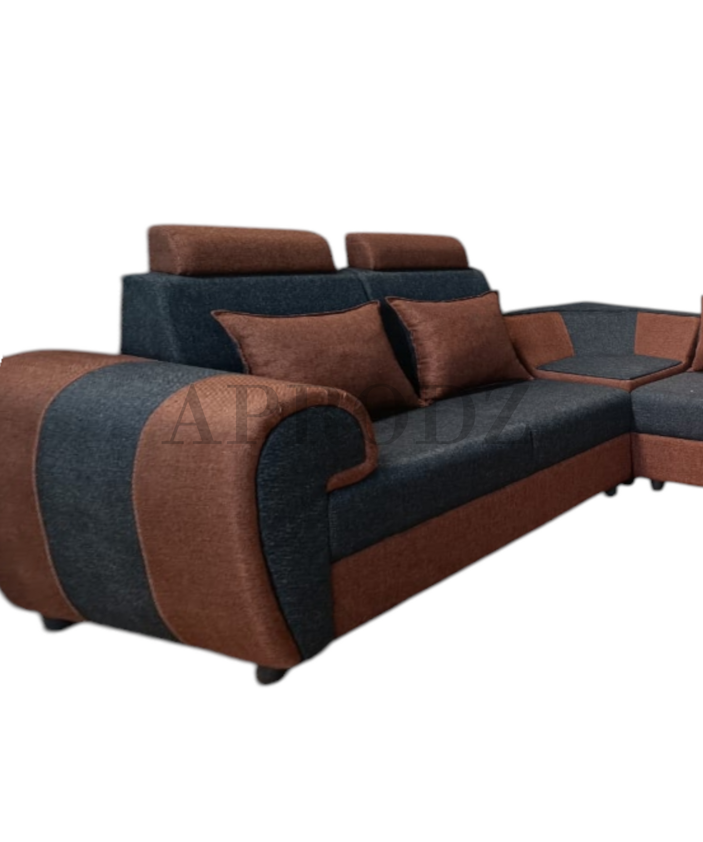 Modern L-Shaped Corner Sofa Set, 6 Seater, Two-Tone Grey and Brown with Cushions