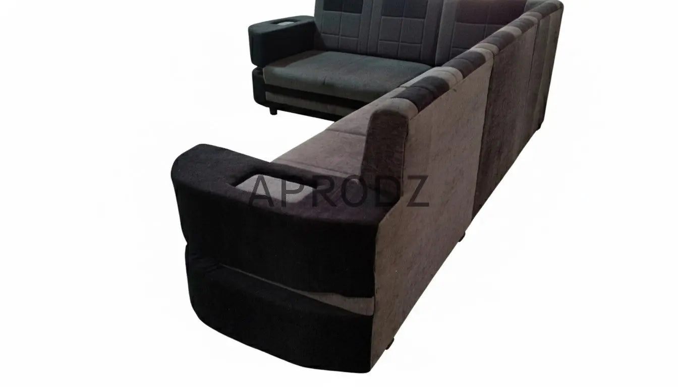 Modern L-Shaped Sectional 7-Seater Sofa with Coffee Table Padded Armrest Perfect Fabric Corner Sofa for Guests Living Room, Drawing Room, Office & Lounge Grey and Black