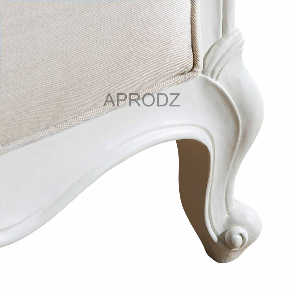 Hand Carved French Mango Wood Upholstered Bed (Solid Wood - Linen Beige Fabric + White Finish)