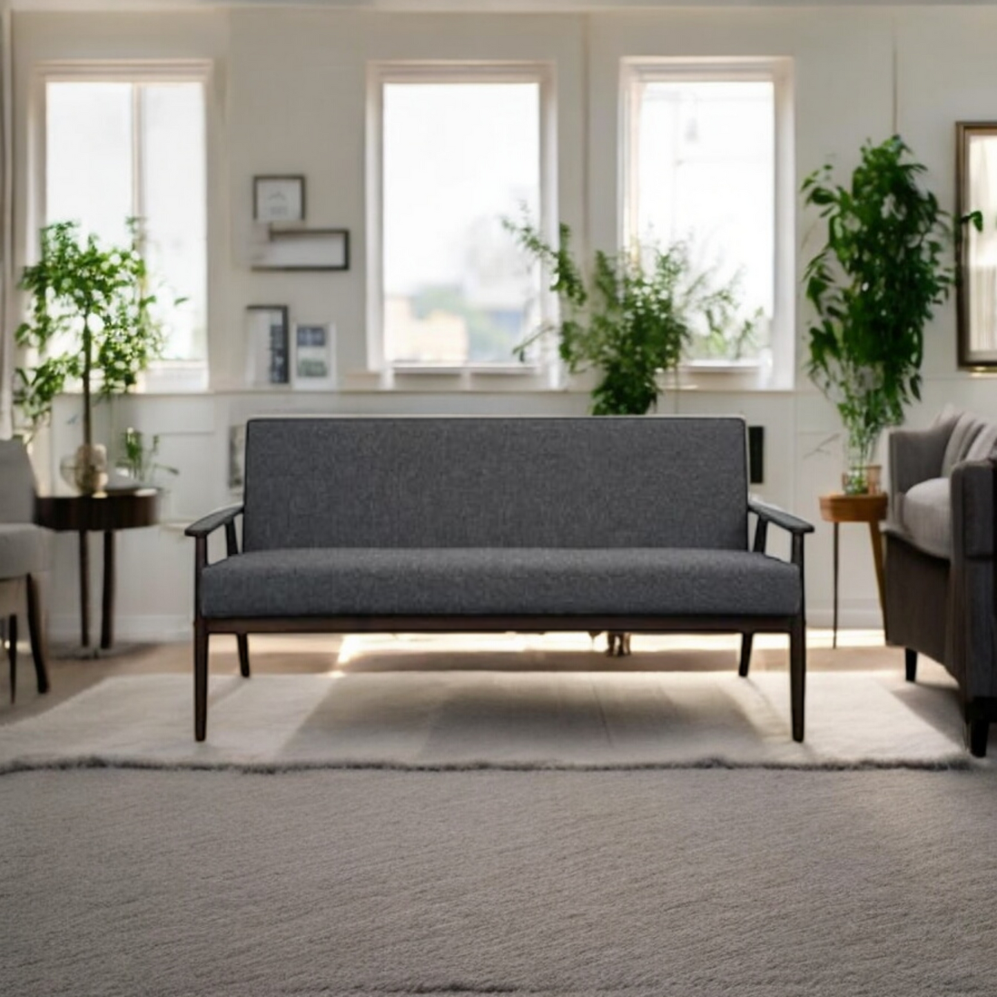 Mango Wood and Upholstered 3 Seater Sofa for Living Room Home Office Furniture | (Upholstered - Light Grey Velvet + Espresso)