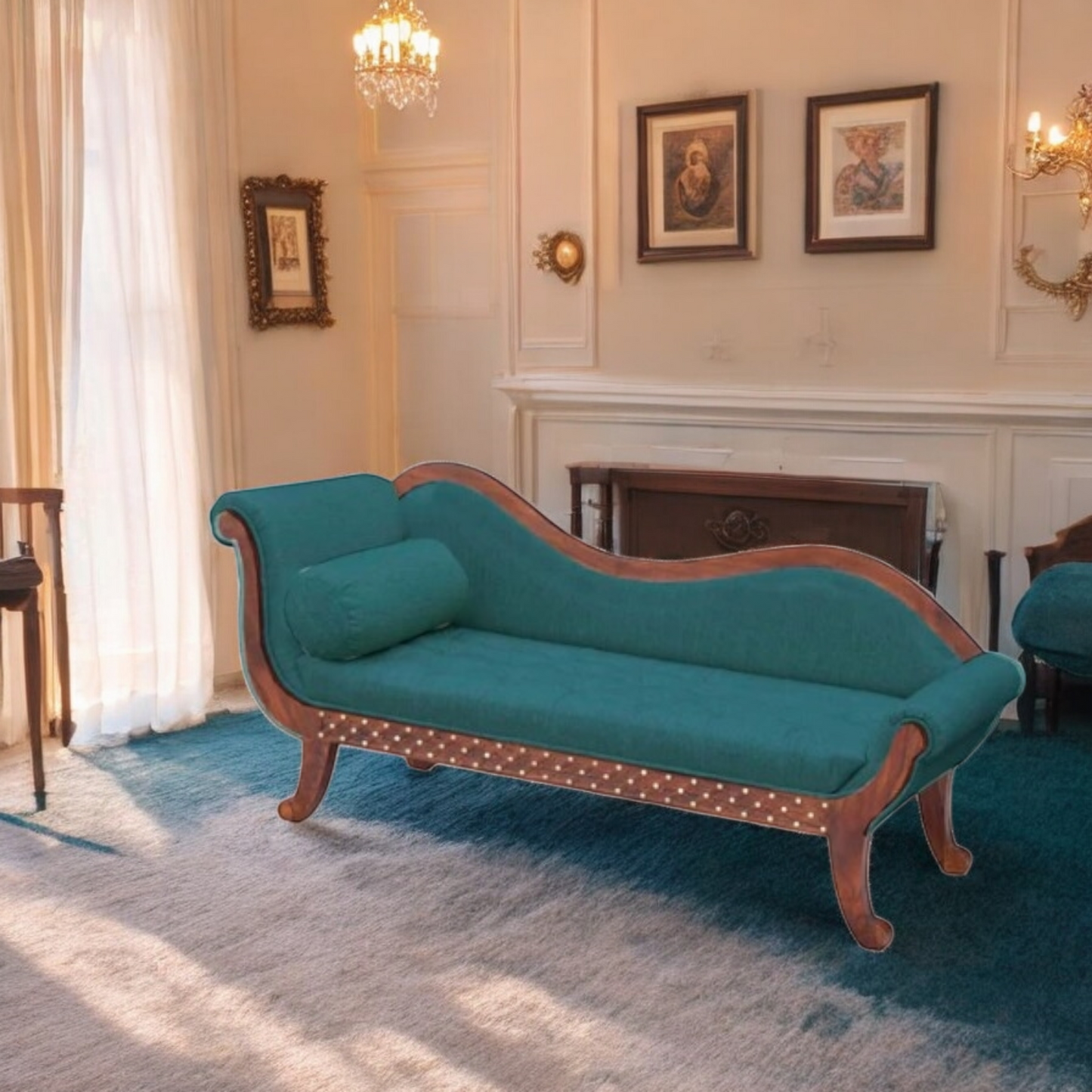 Canape Couch Three Seater Upholstery and Sheesham Wood Sofa (Fabric - Teal Velvet)