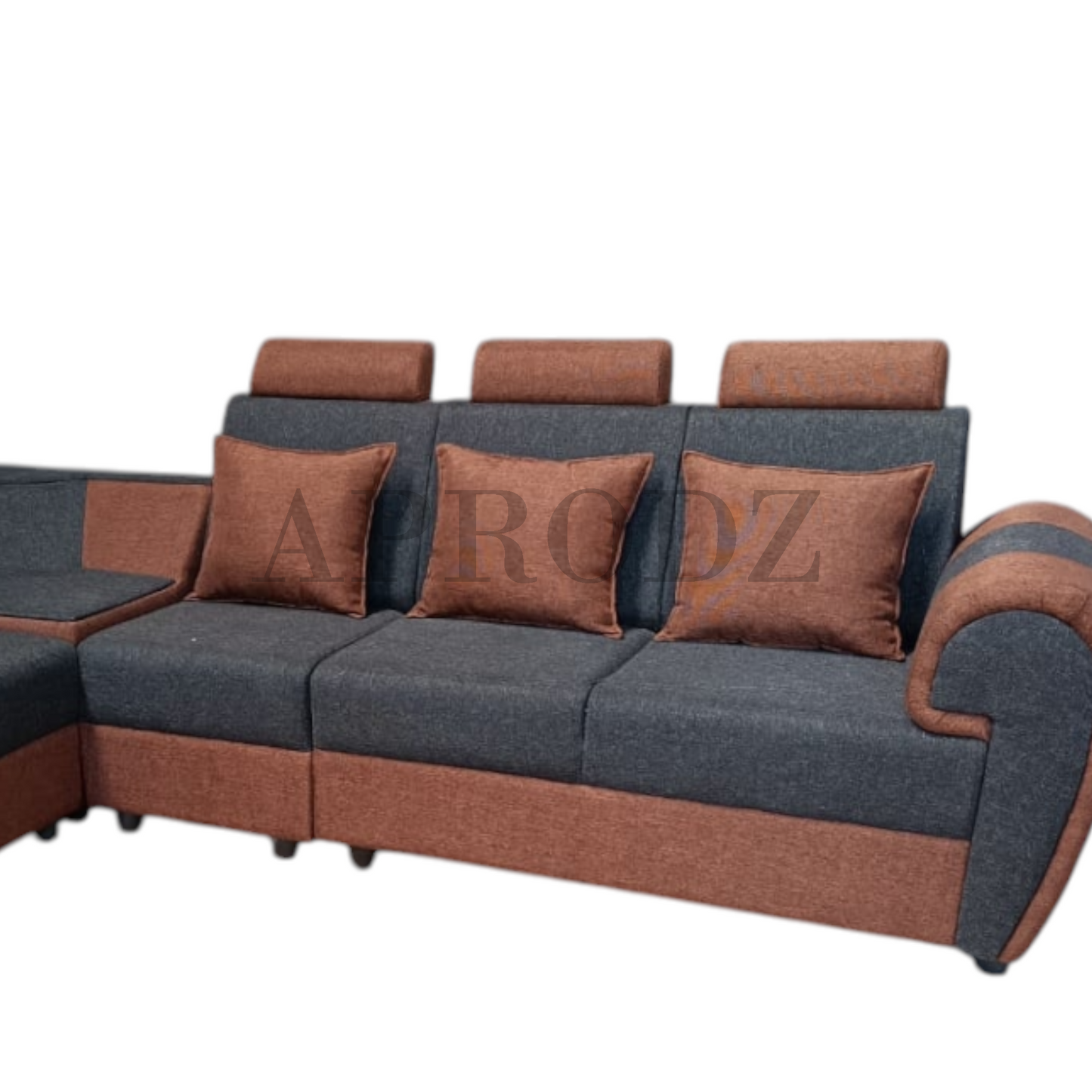 Modern L-Shaped Corner Sofa Set, 6 Seater, Two-Tone Grey and Brown with Cushions