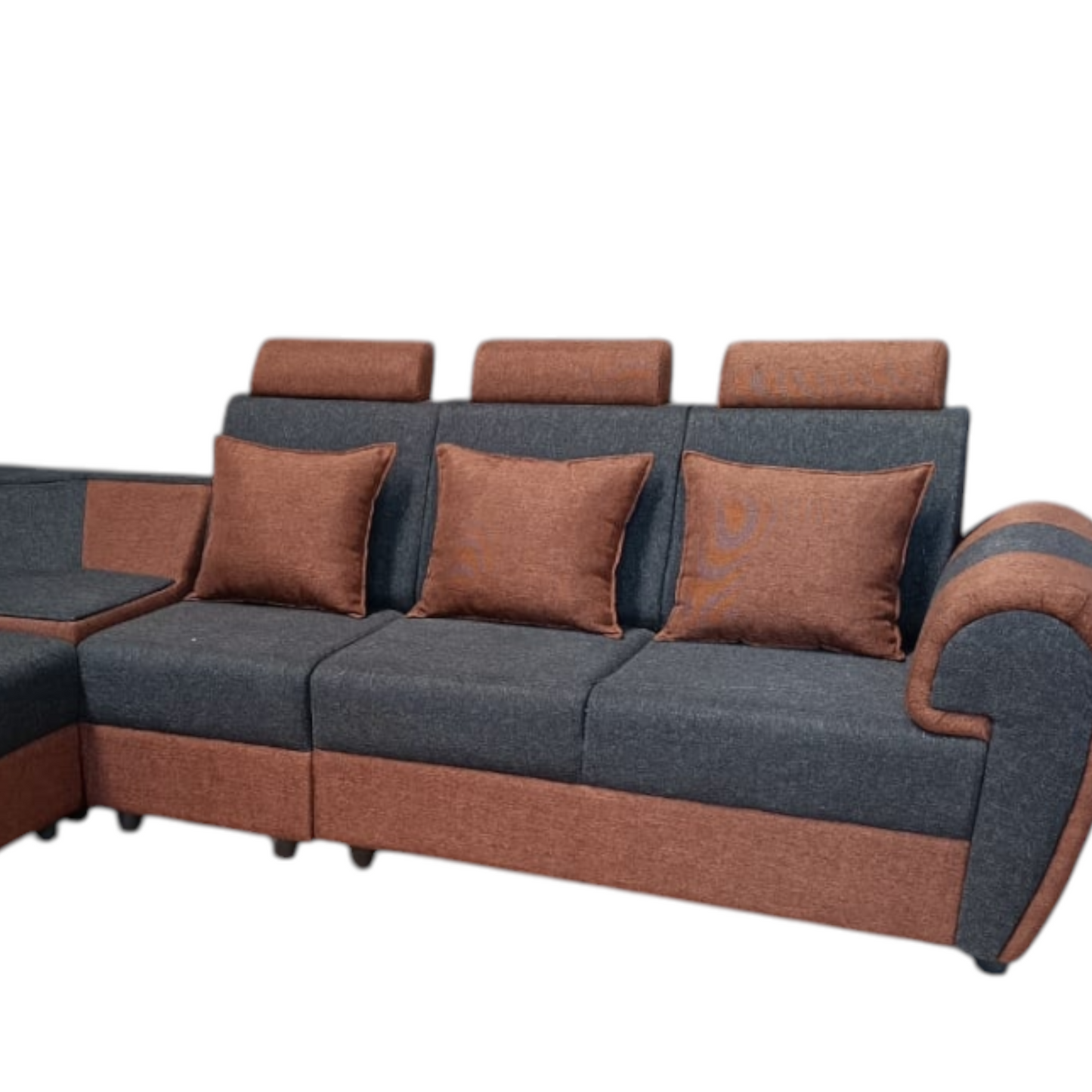 Modern L-Shaped Corner Sofa Set, 6 Seater, Two-Tone Grey and Brown with Cushions