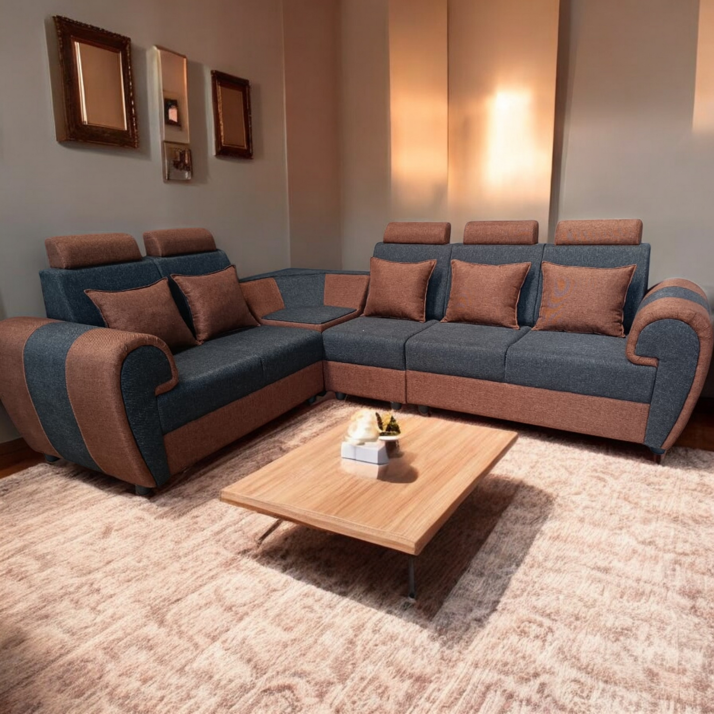 Modern L-Shaped Corner Sofa Set, 6 Seater, Two-Tone Grey and Brown with Cushions