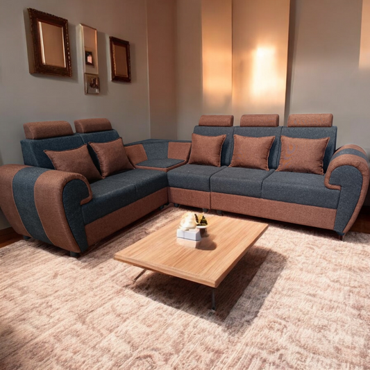 Modern L-Shaped Corner Sofa Set, 6 Seater, Two-Tone Grey and Brown with Cushions