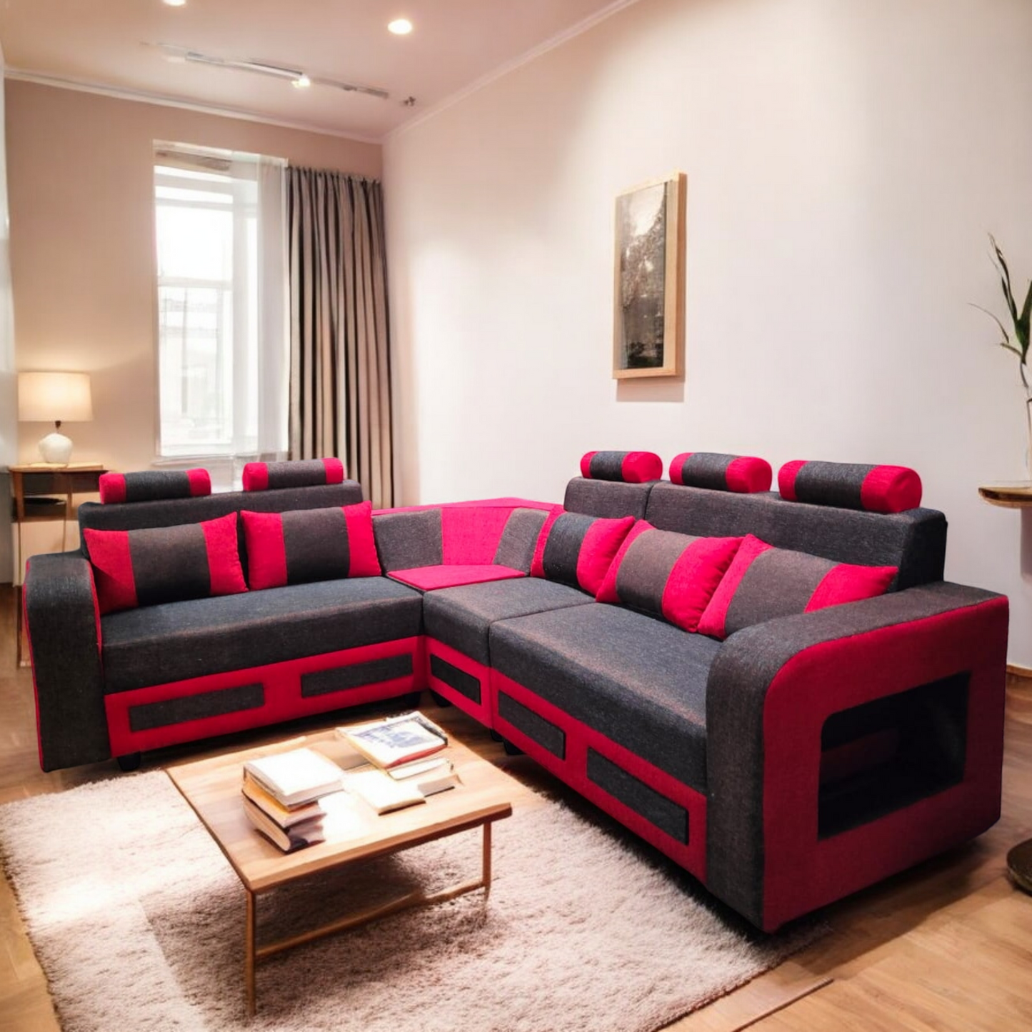Modern L-Shaped Sectional Corner Sofa, 6 Seater, Grey and Red Fabric