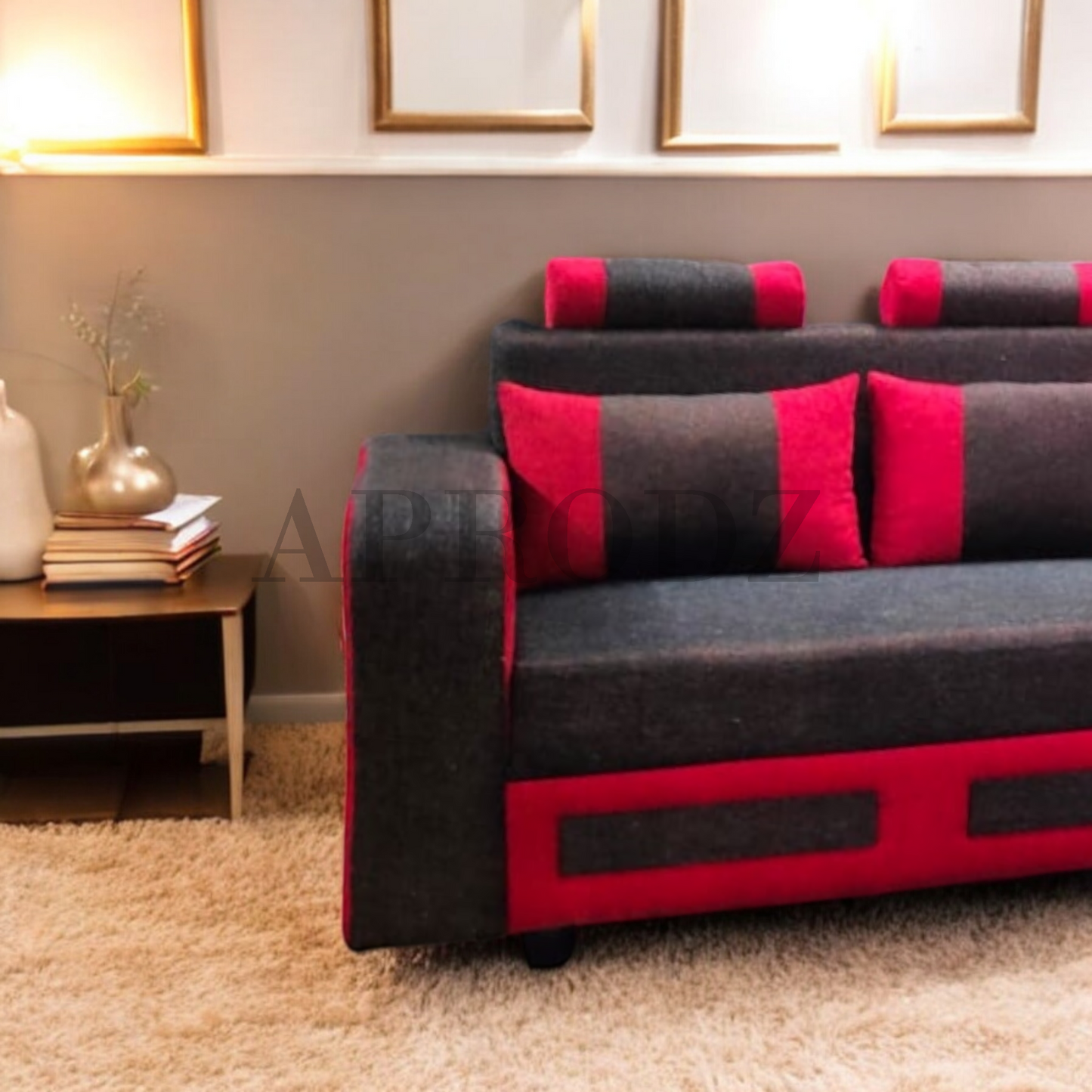 Modern L-Shaped Sectional Corner Sofa, 6 Seater, Grey and Red Fabric