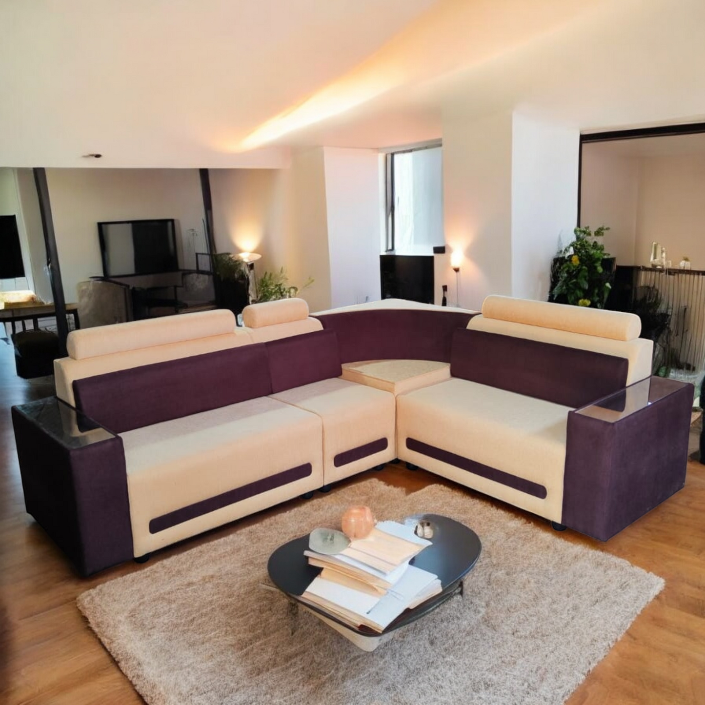 Modern L-Shaped Sectional Sofa, 6-Seater, Purple and Cream, Contemporary Design