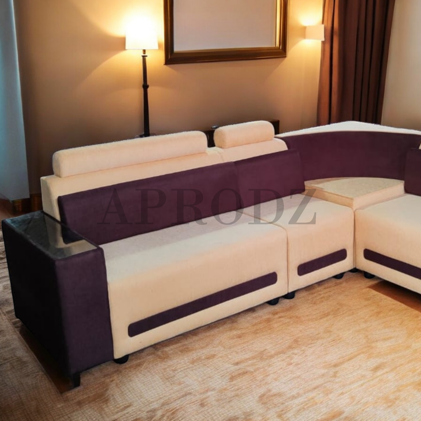 Modern L-Shaped Sectional Sofa, 6-Seater, Purple and Cream, Contemporary Design