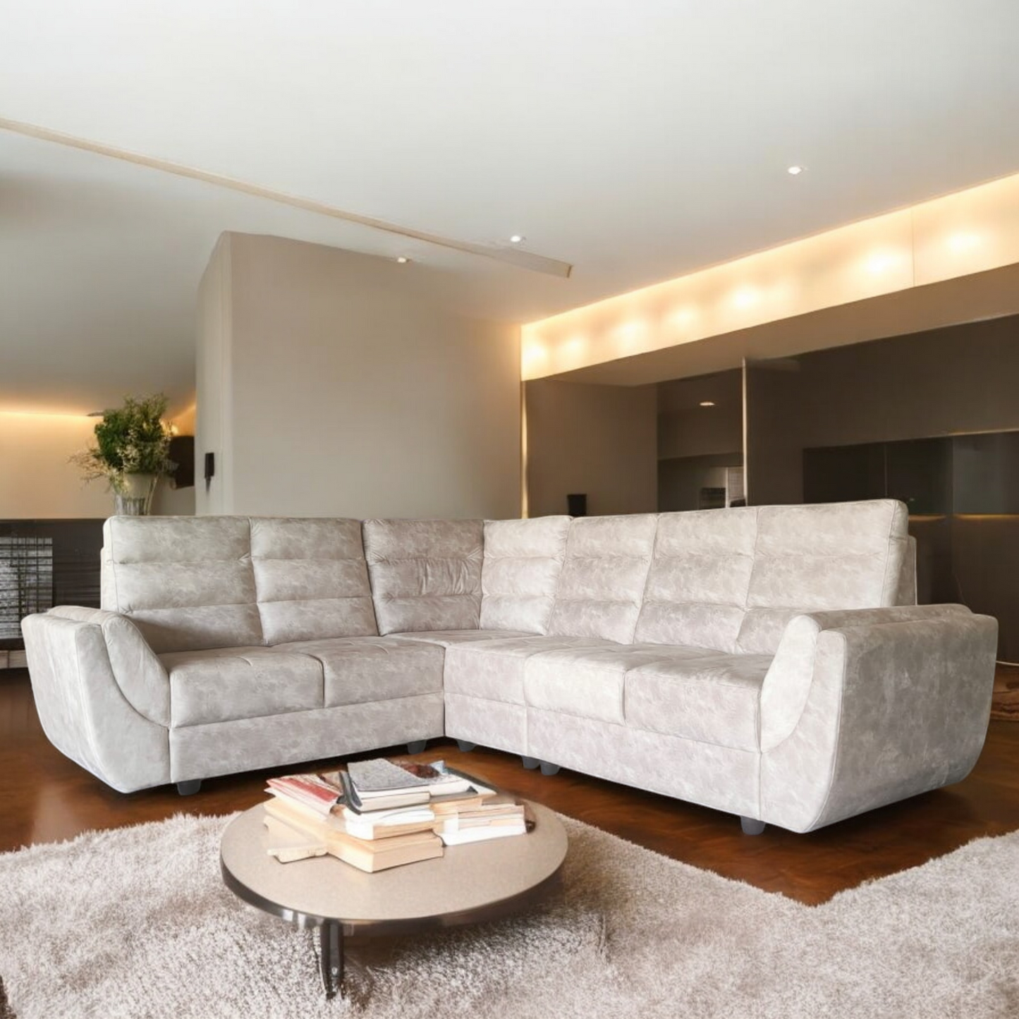 Modern L-Shaped Sectional Sofa, 6-Seater, Tufted Cushions, Light Grey Suede