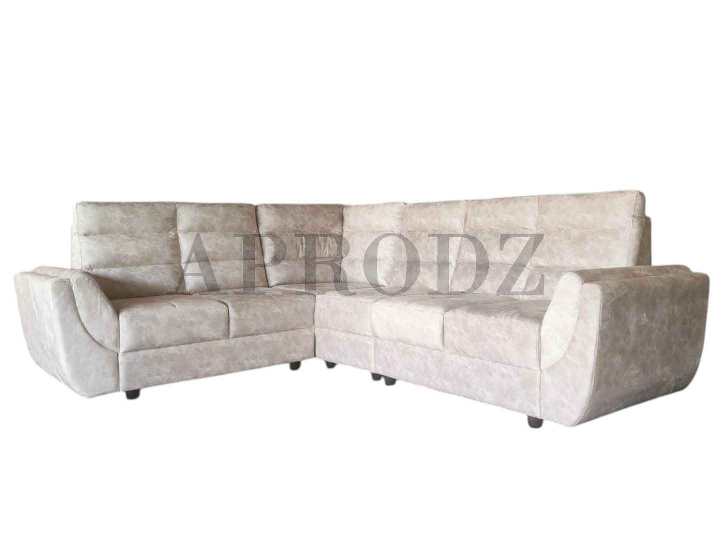 Modern L-Shaped Sectional Sofa, 6-Seater, Tufted Cushions, Light Grey Suede