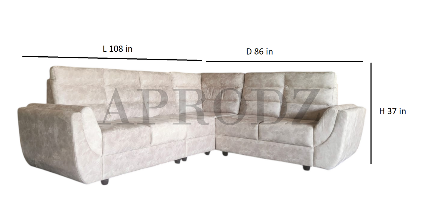 Modern L-Shaped Sectional Sofa, 6-Seater, Tufted Cushions, Light Grey Suede