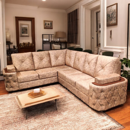 Modern L-Shaped Sectional Sofa, 7-Seater, Tufted Faux Leather, Beige