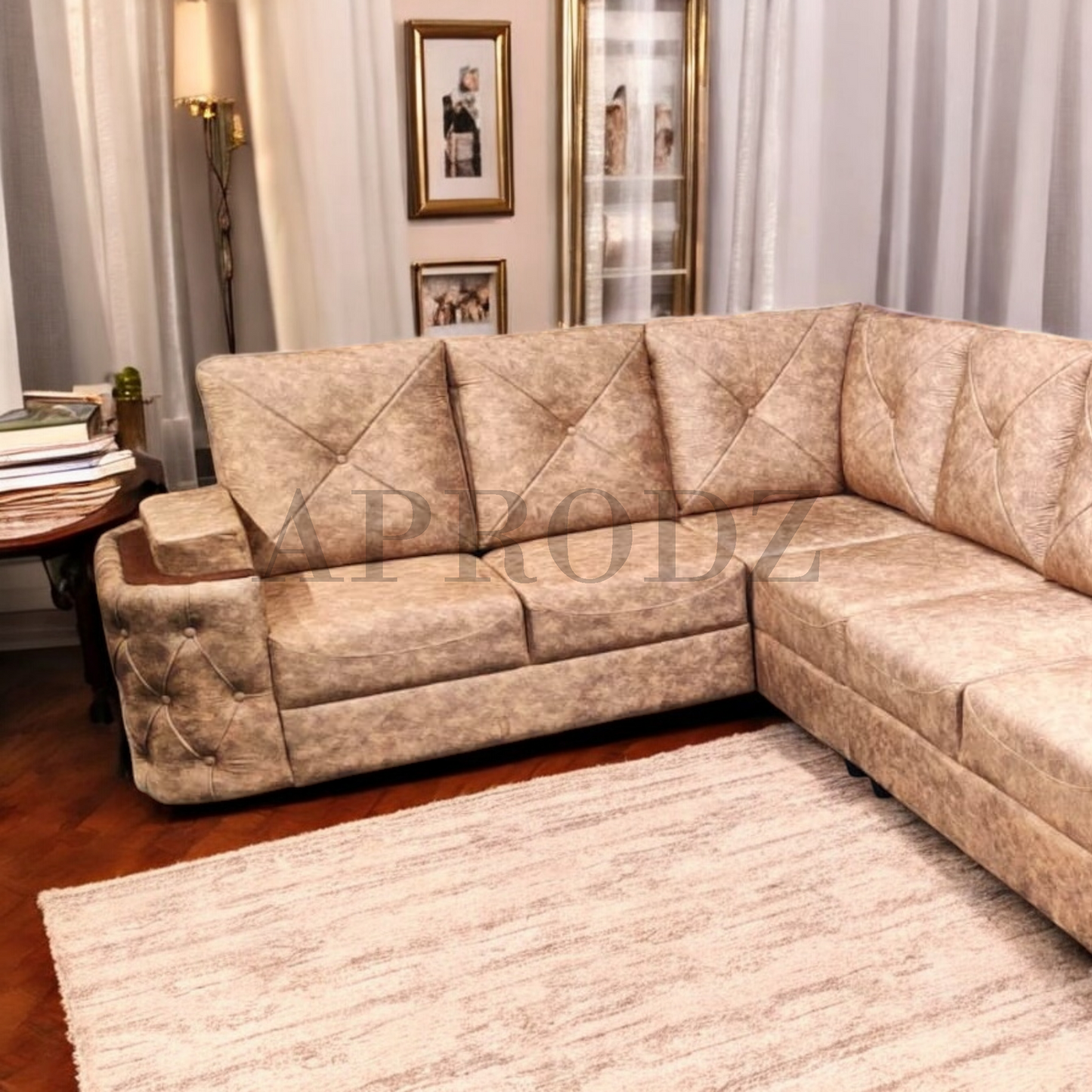 Modern L-Shaped Sectional Sofa, 7-Seater, Tufted Faux Leather, Beige