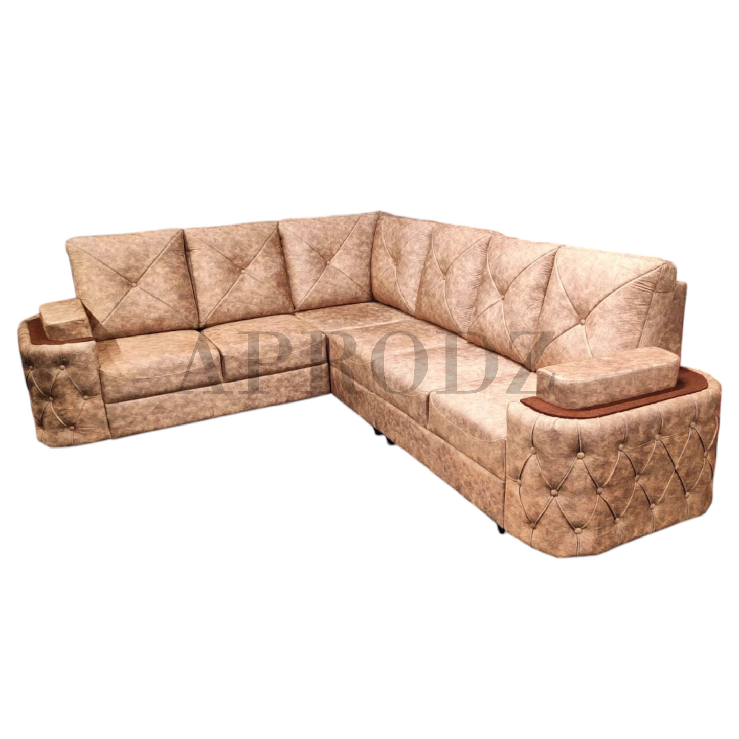 Modern L-Shaped Sectional Sofa, 7-Seater, Tufted Faux Leather, Beige