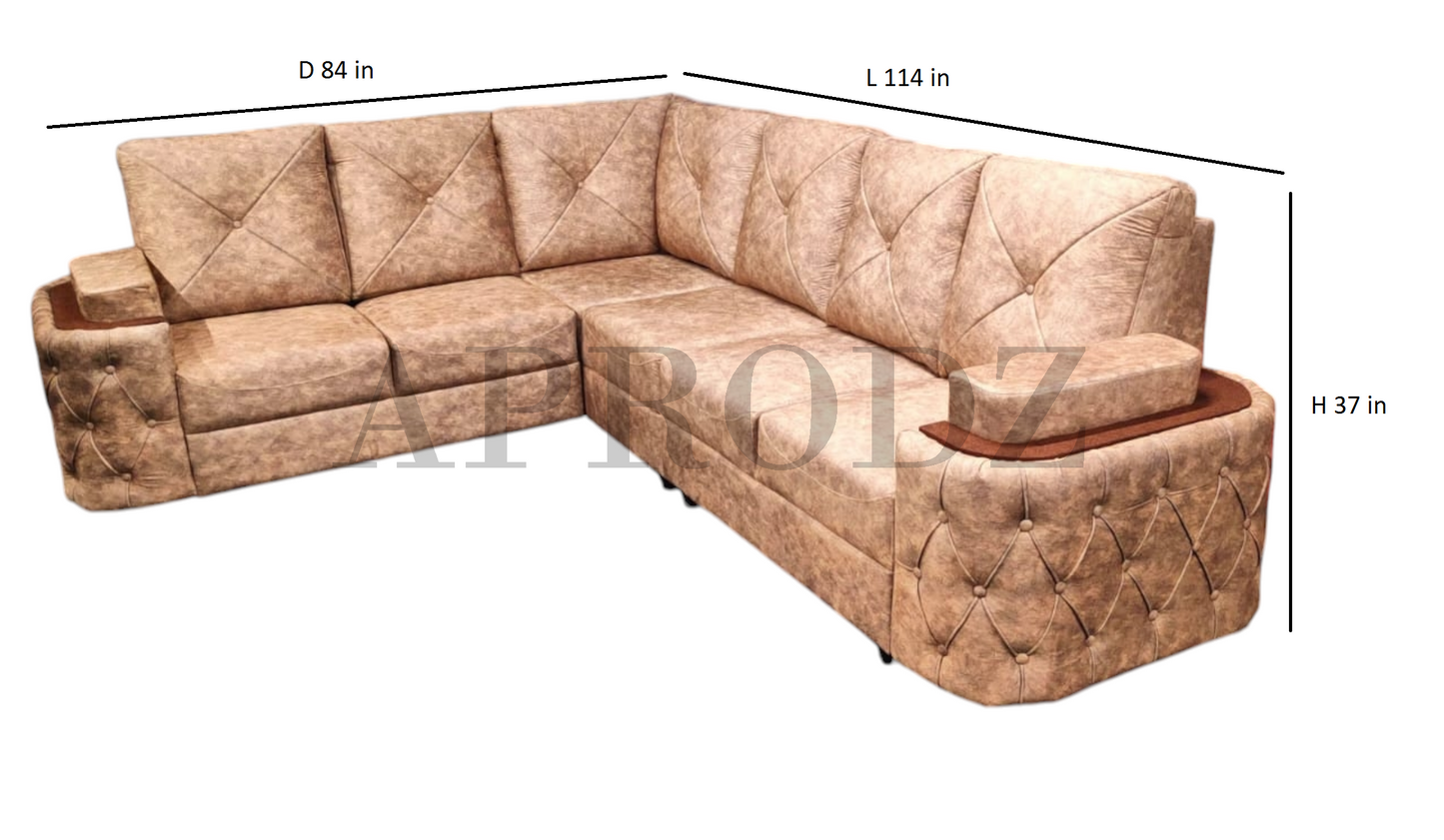 Modern L-Shaped Sectional Sofa, 7-Seater, Tufted Faux Leather, Beige
