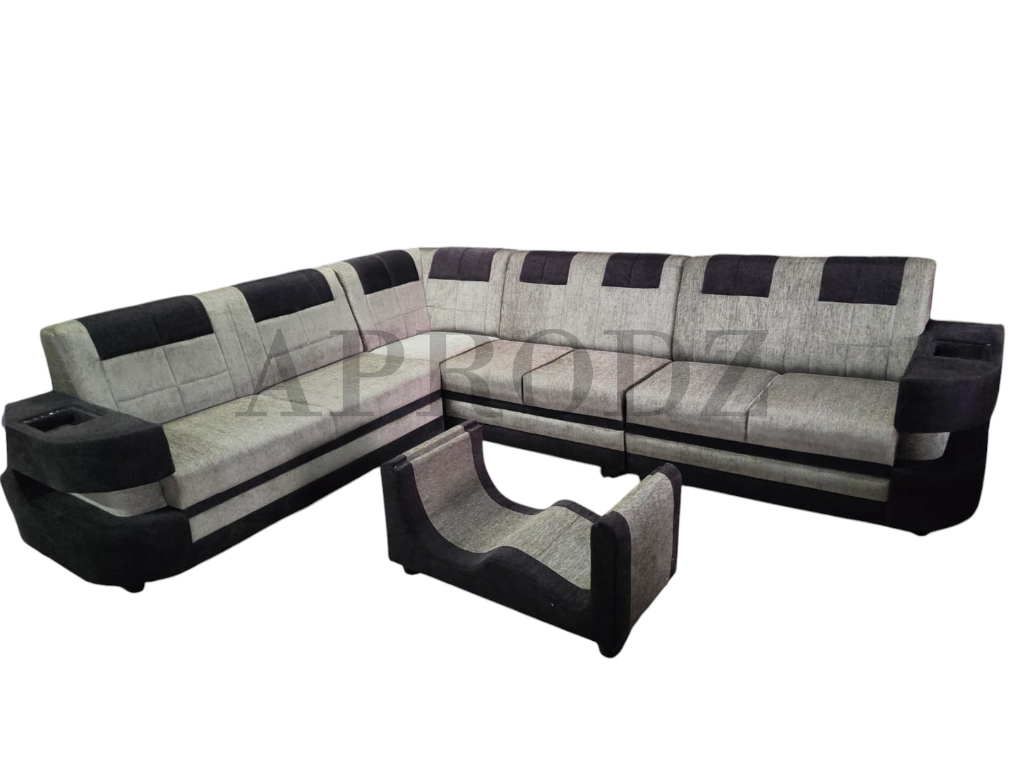 Modern L-Shaped Sectional Sofa, 7-Seater, Grey and Black with Coffee Table