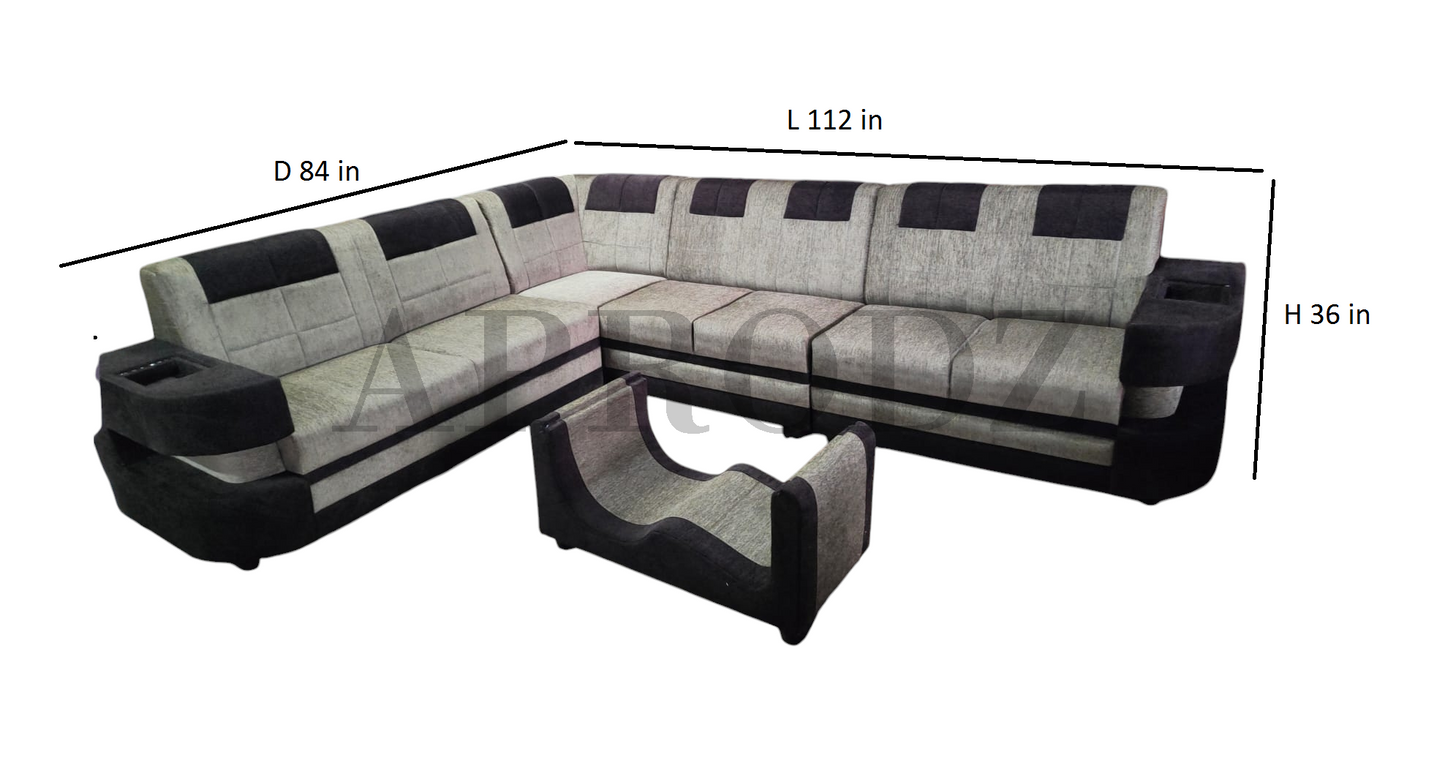Modern L-Shaped Sectional Sofa, 7-Seater, Grey and Black with Coffee Table