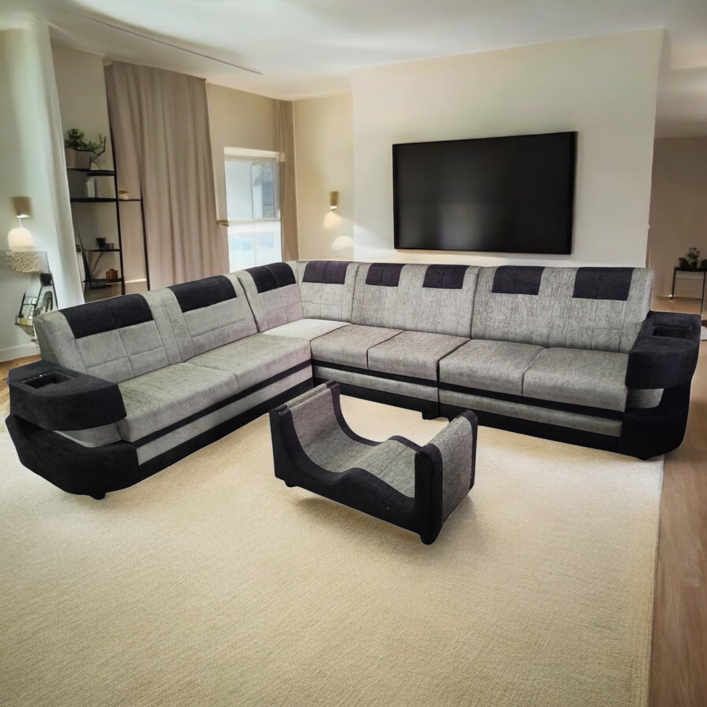 Modern L-Shaped Sectional Sofa, 7-Seater, Grey and Black with Coffee Table