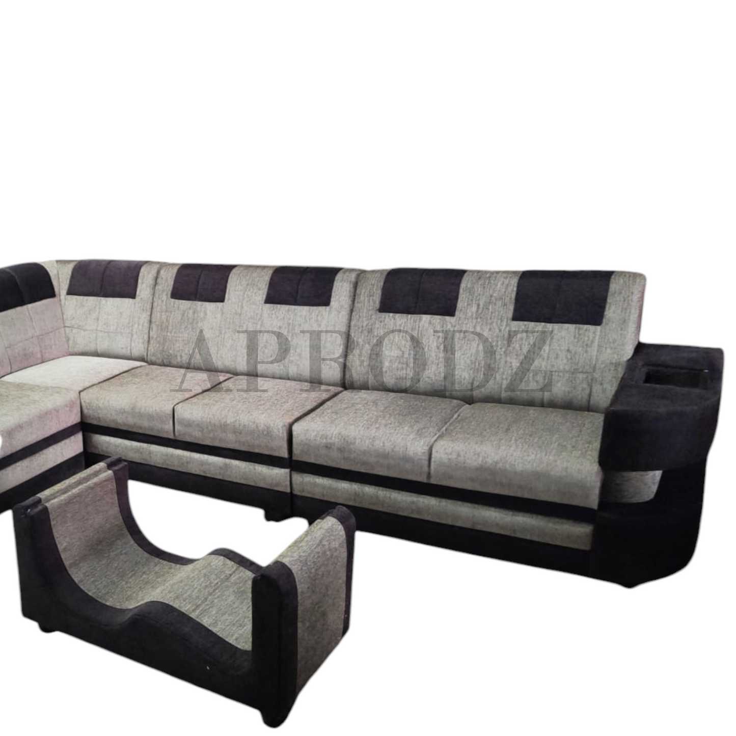 Modern L-Shaped Sectional Sofa, 7-Seater, Grey and Black with Coffee Table