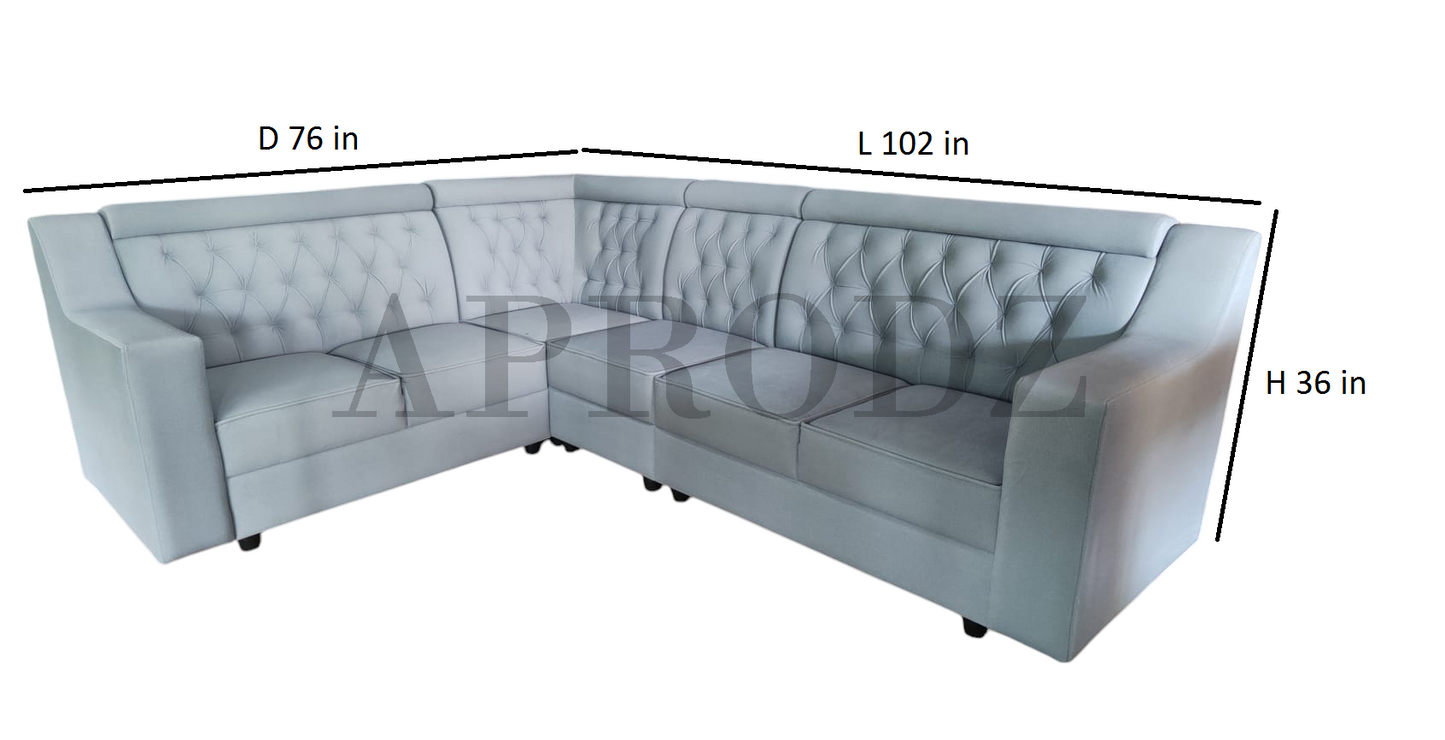 Modern L-Shaped Sectional Sofa, Tufted Back, 6-Seater, Light Grey
