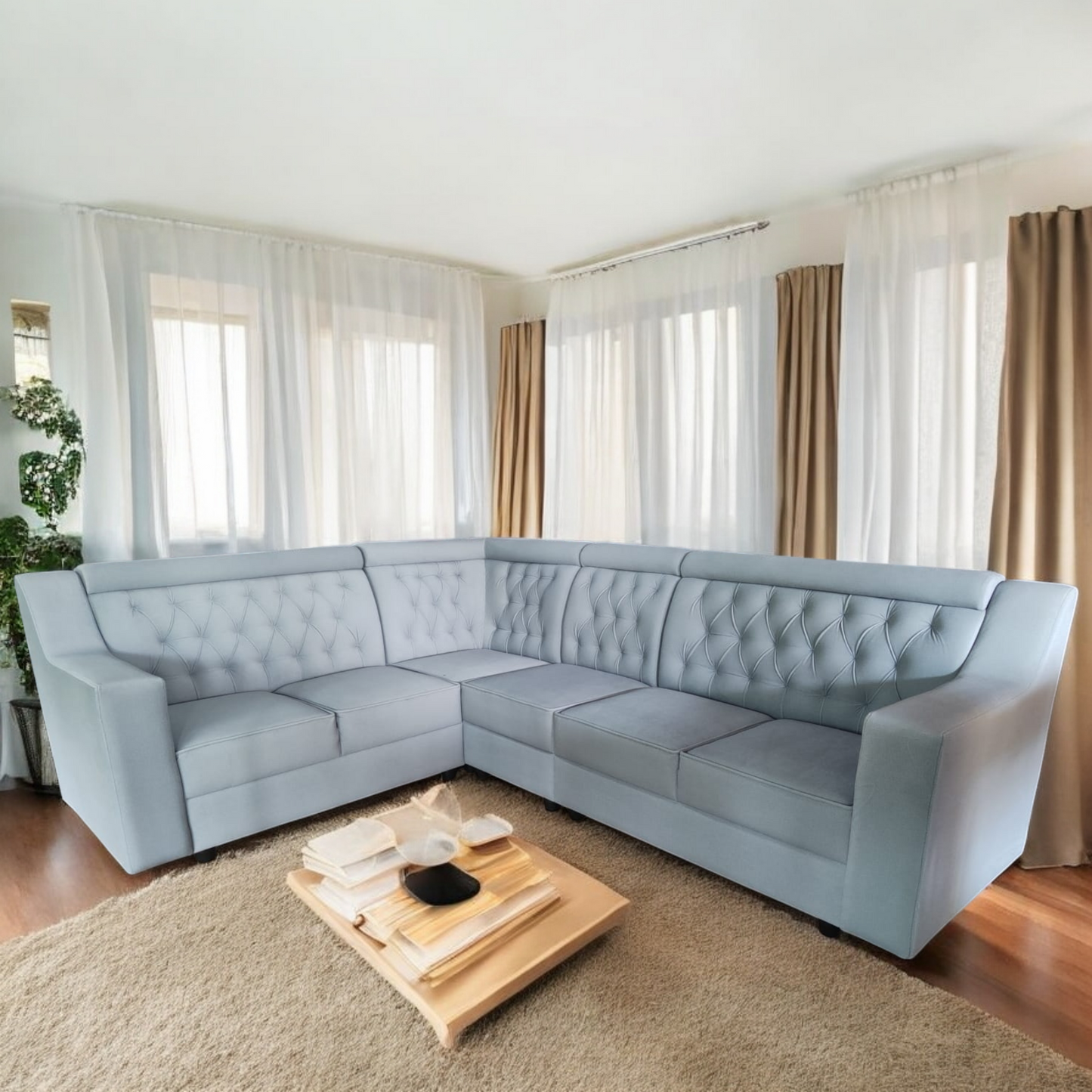 Modern L-Shaped Sectional Sofa, Tufted Back, 6-Seater, Light Grey