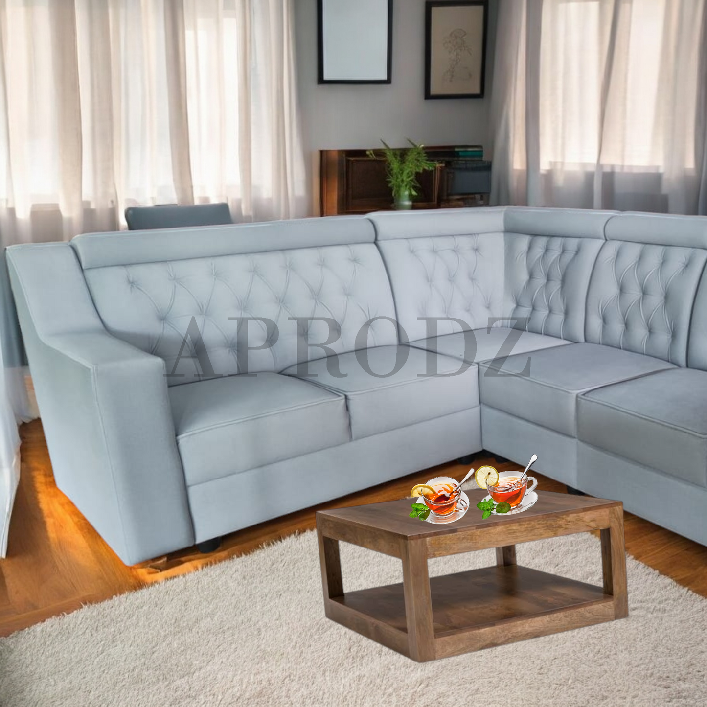 Modern L-Shaped Sectional Sofa, Tufted Back, 6-Seater, Light Grey