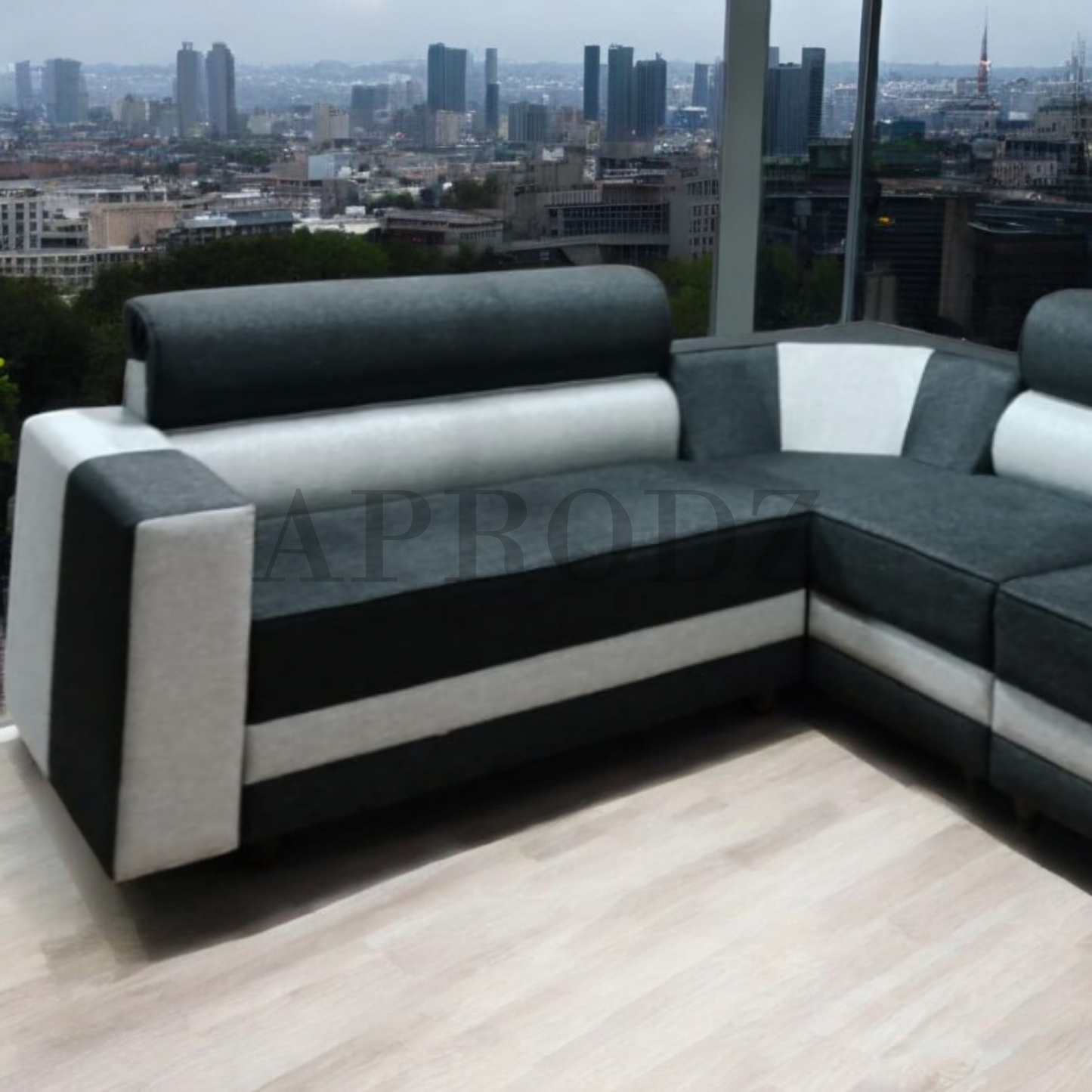 Modern L-Shaped Sectional Sofa, 6 Seater, Grey and Black Two-Tone