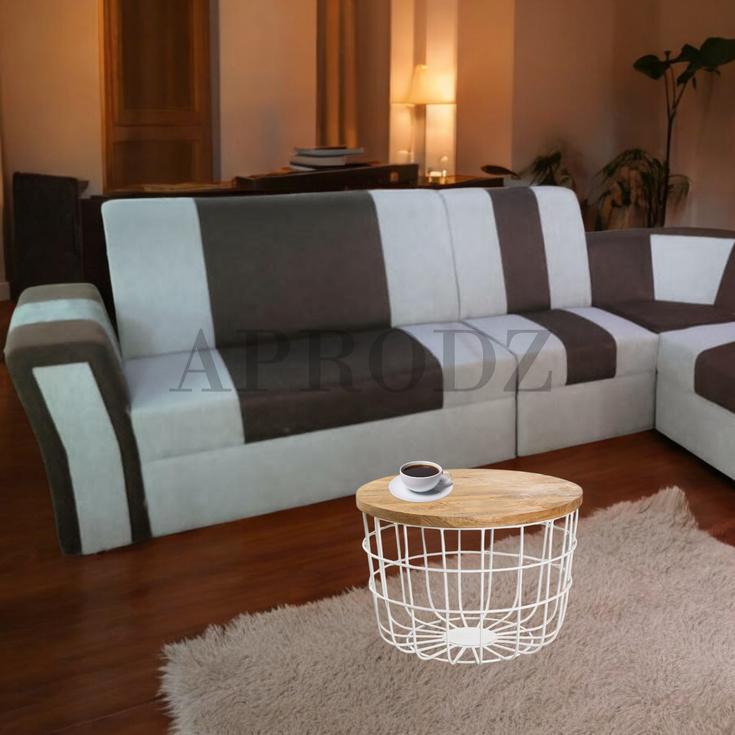 Modern L-Shaped Sectional Sofa, 6 Seater, Brown and Grey, Contemporary Living Room Furniture