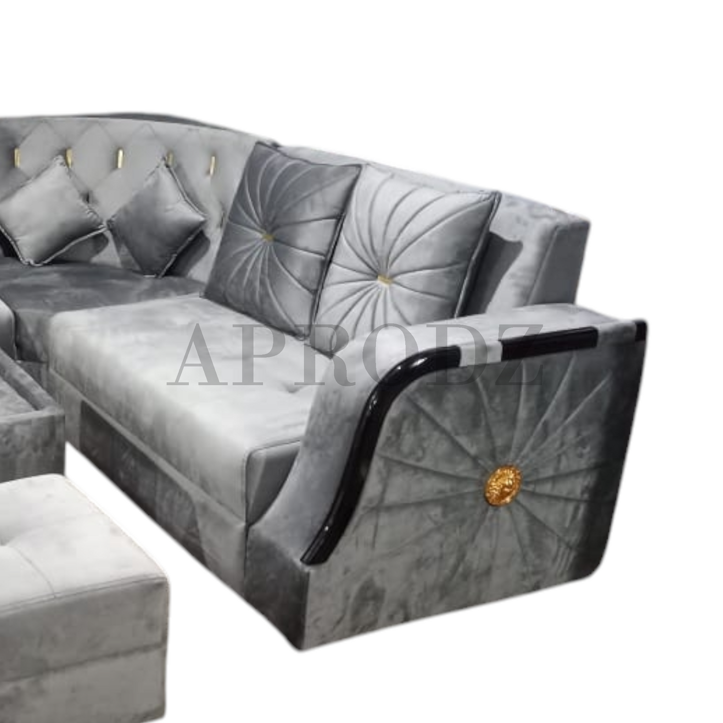 Modern L-Shaped Sectional Sofa Set, 6 Seater with Coffee Table, 2 Ottoman Stools, Grey Velvet Fabric