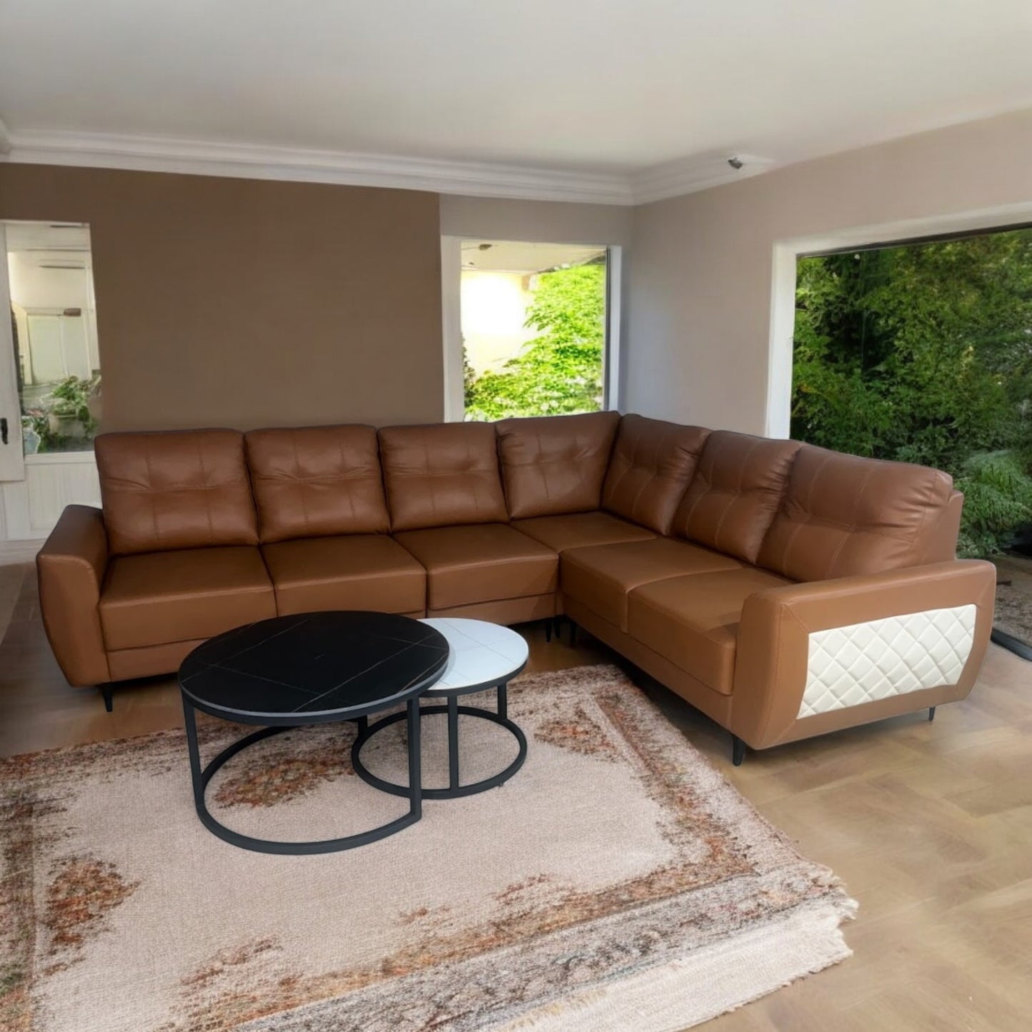 Modern L-Shaped Sectional Sofa, 6-Seater, Brown Faux Leather with Quilted Accents