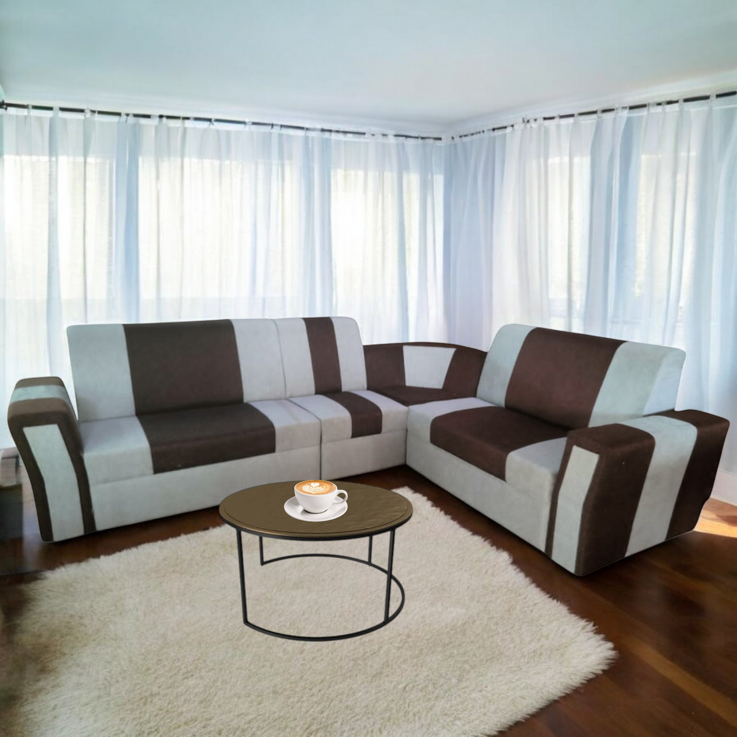 Modern L-Shaped Sectional Sofa, 6 Seater, Brown and Grey, Contemporary Living Room Furniture