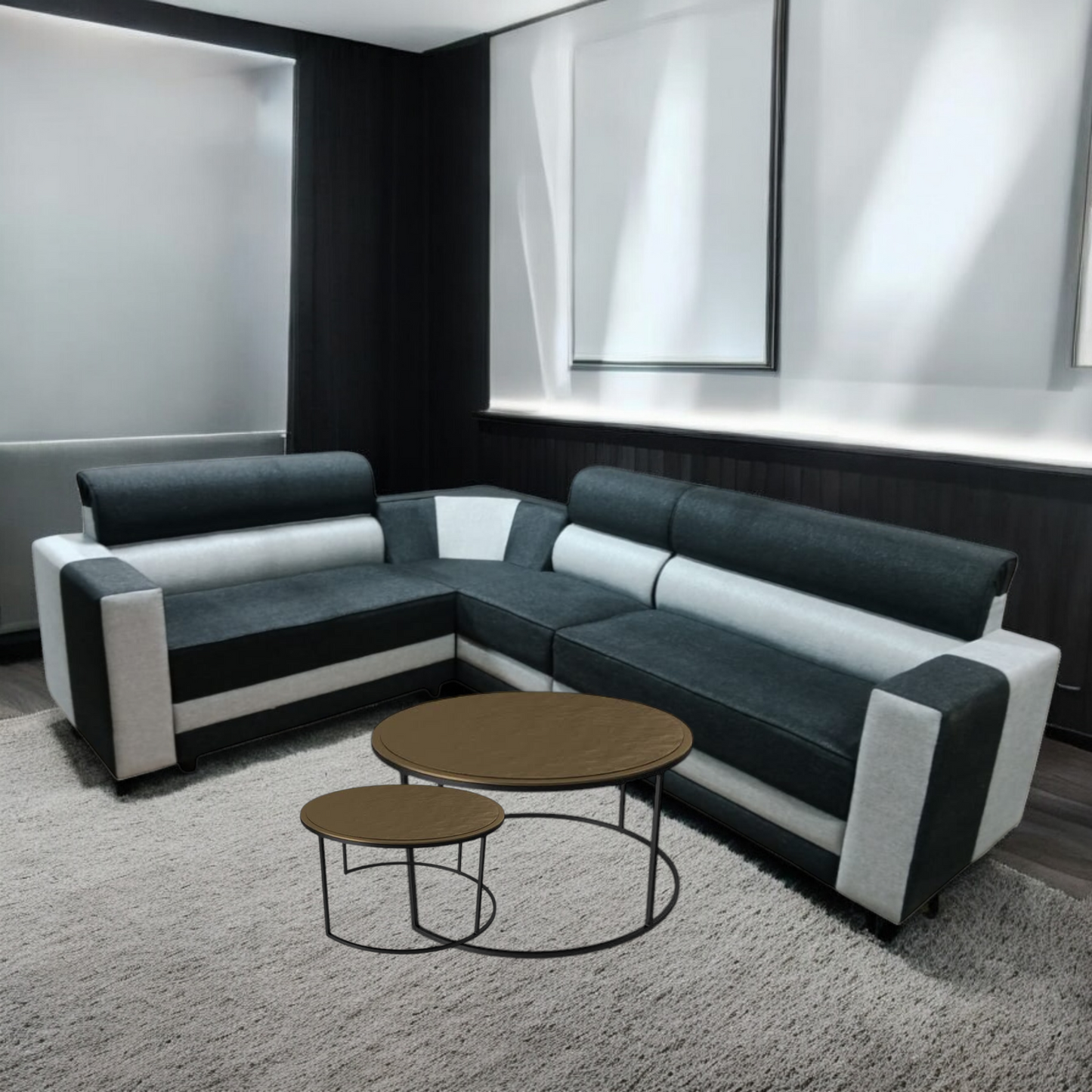 Modern L-Shaped Sectional Sofa, 6 Seater, Grey and Black Two-Tone